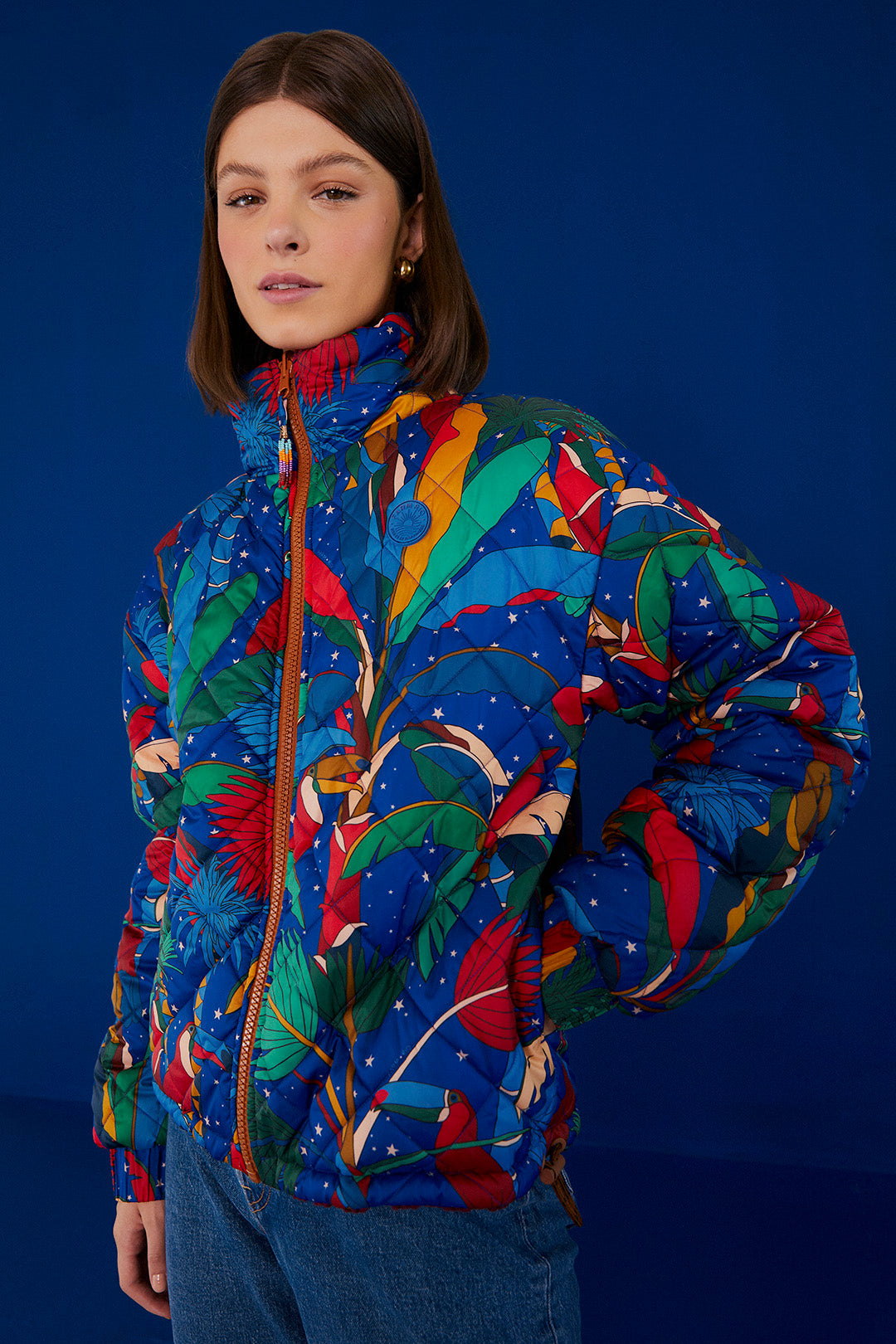 Farm Rio Crochet Colorful Forest Reversible Puffer Jacket