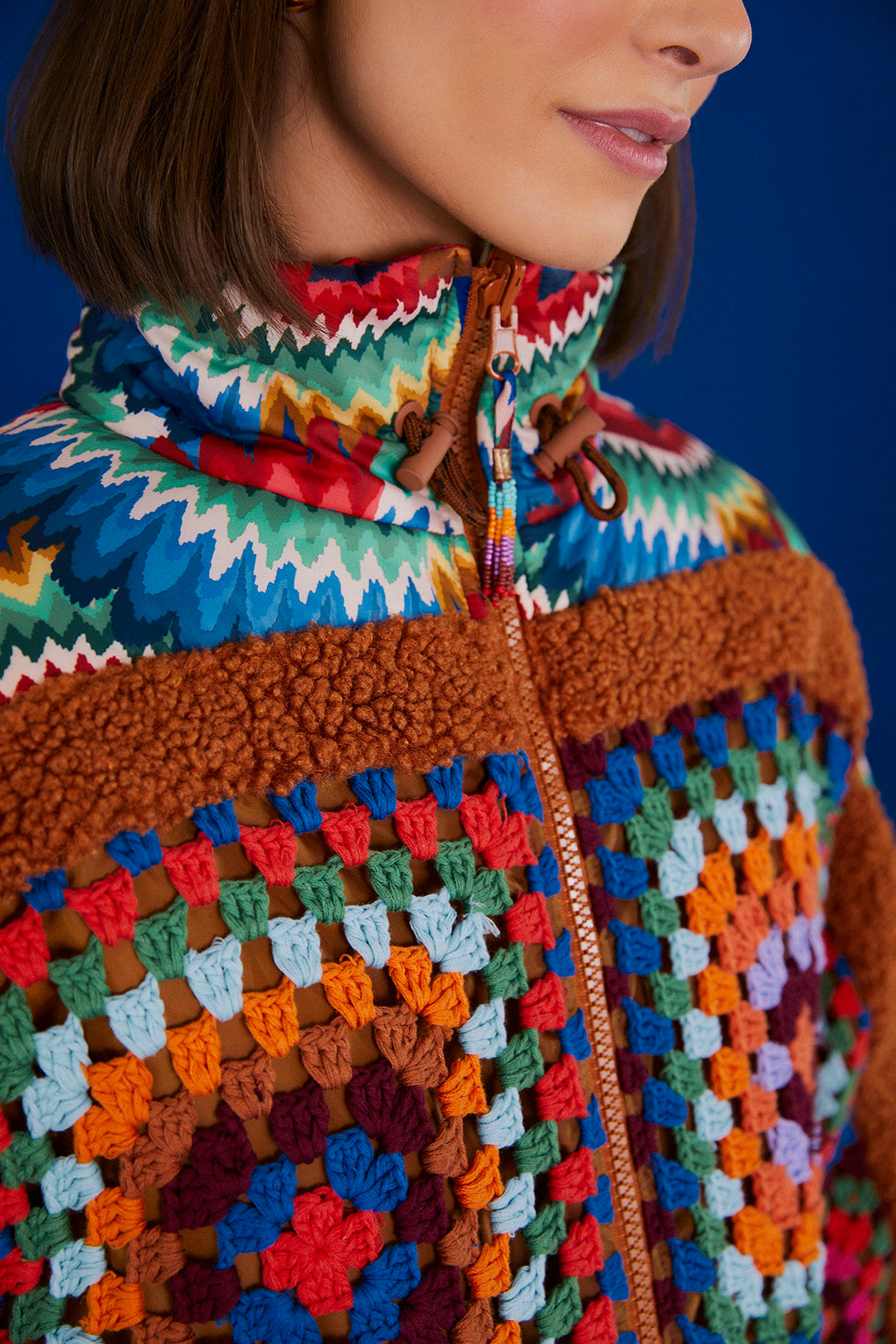 Farm Rio Crochet Colorful Forest Reversible Puffer Jacket
