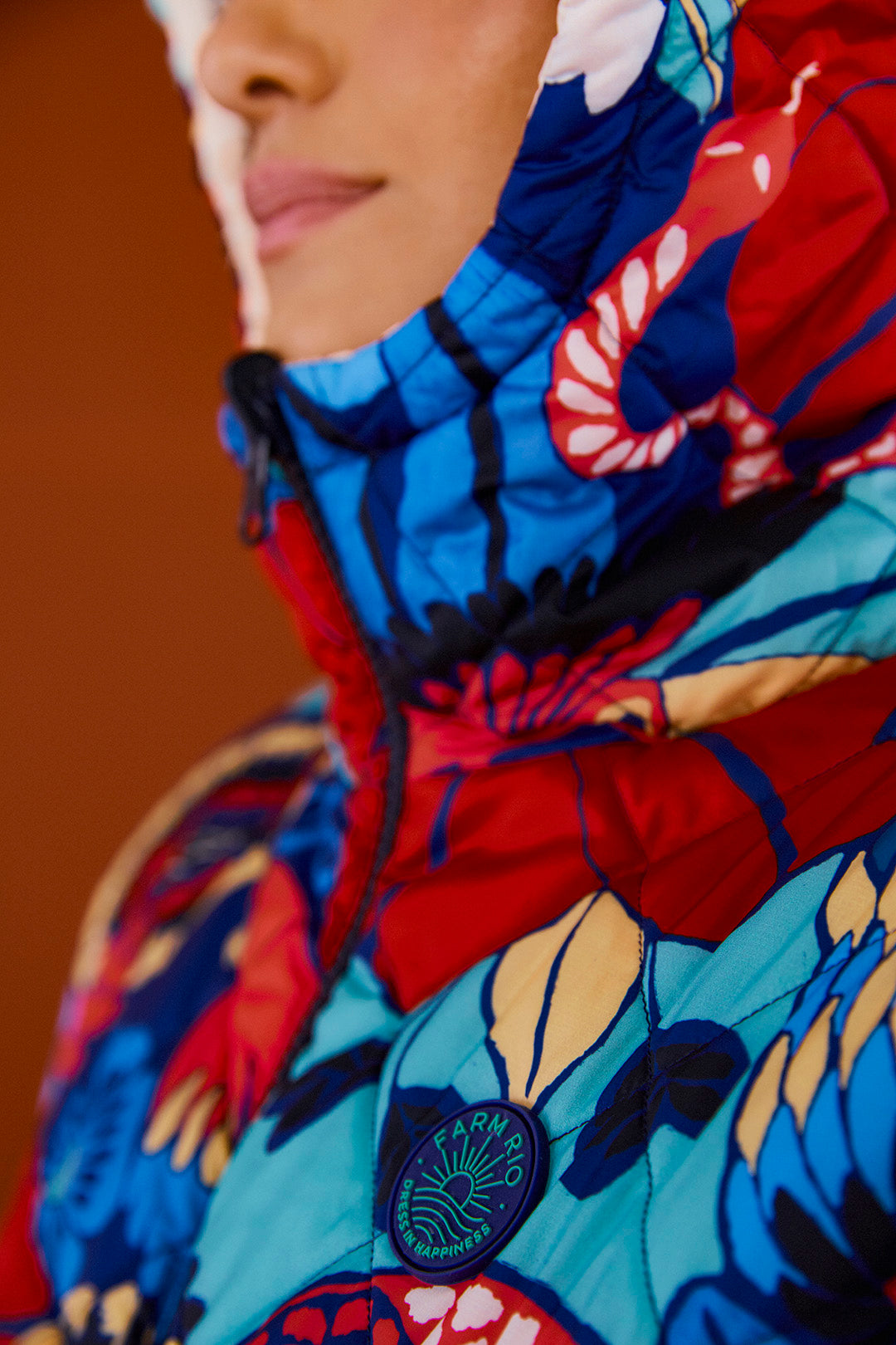 Farm Rio Black Graphic Floral Reversible Puffer Jacket