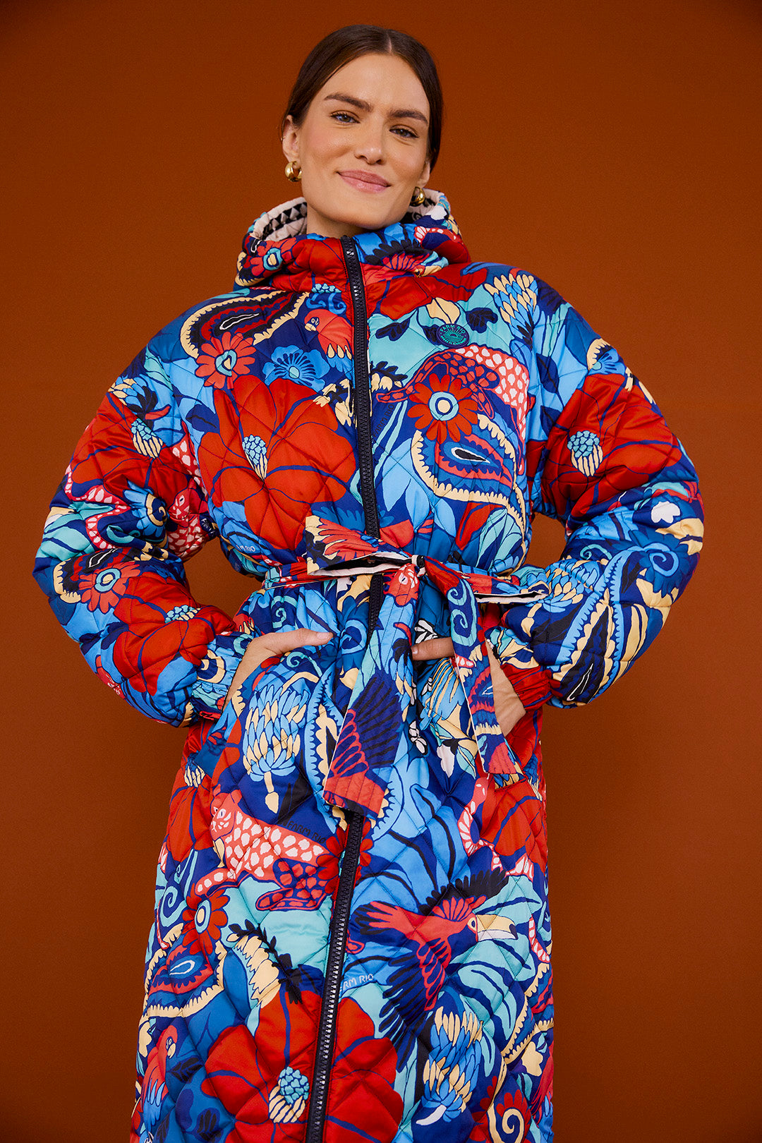 Farm Rio Black Graphic Floral Reversible Puffer Jacket