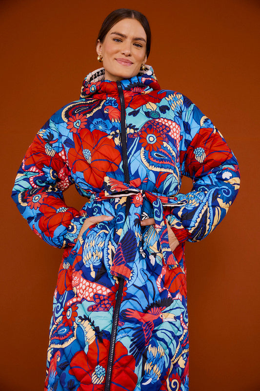 Farm Rio Black Graphic Floral Reversible Puffer Jacket