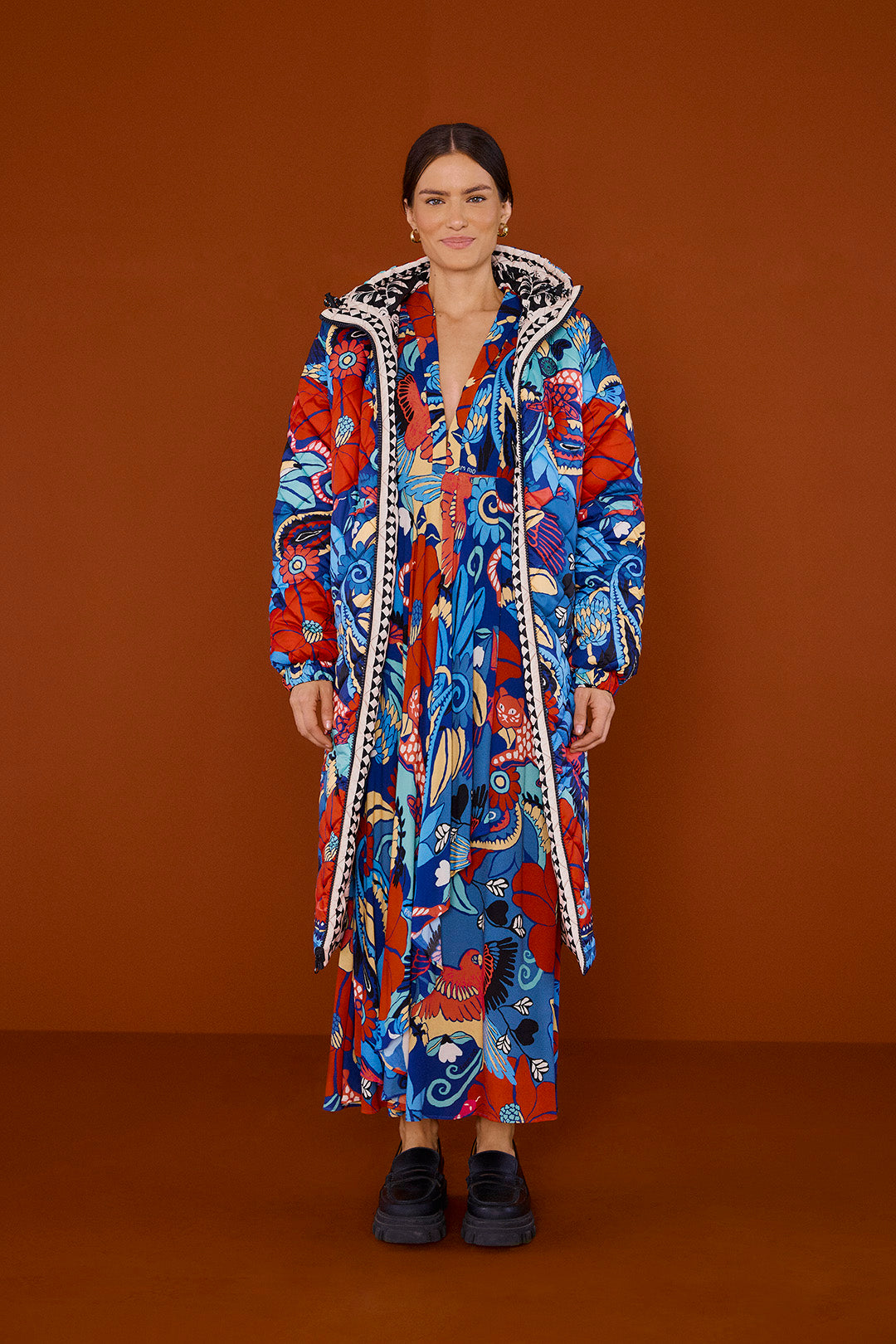 Farm Rio Black Graphic Floral Reversible Puffer Jacket