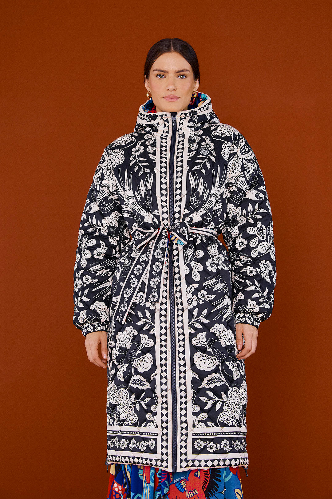Farm Rio Black Graphic Floral Reversible Puffer Jacket