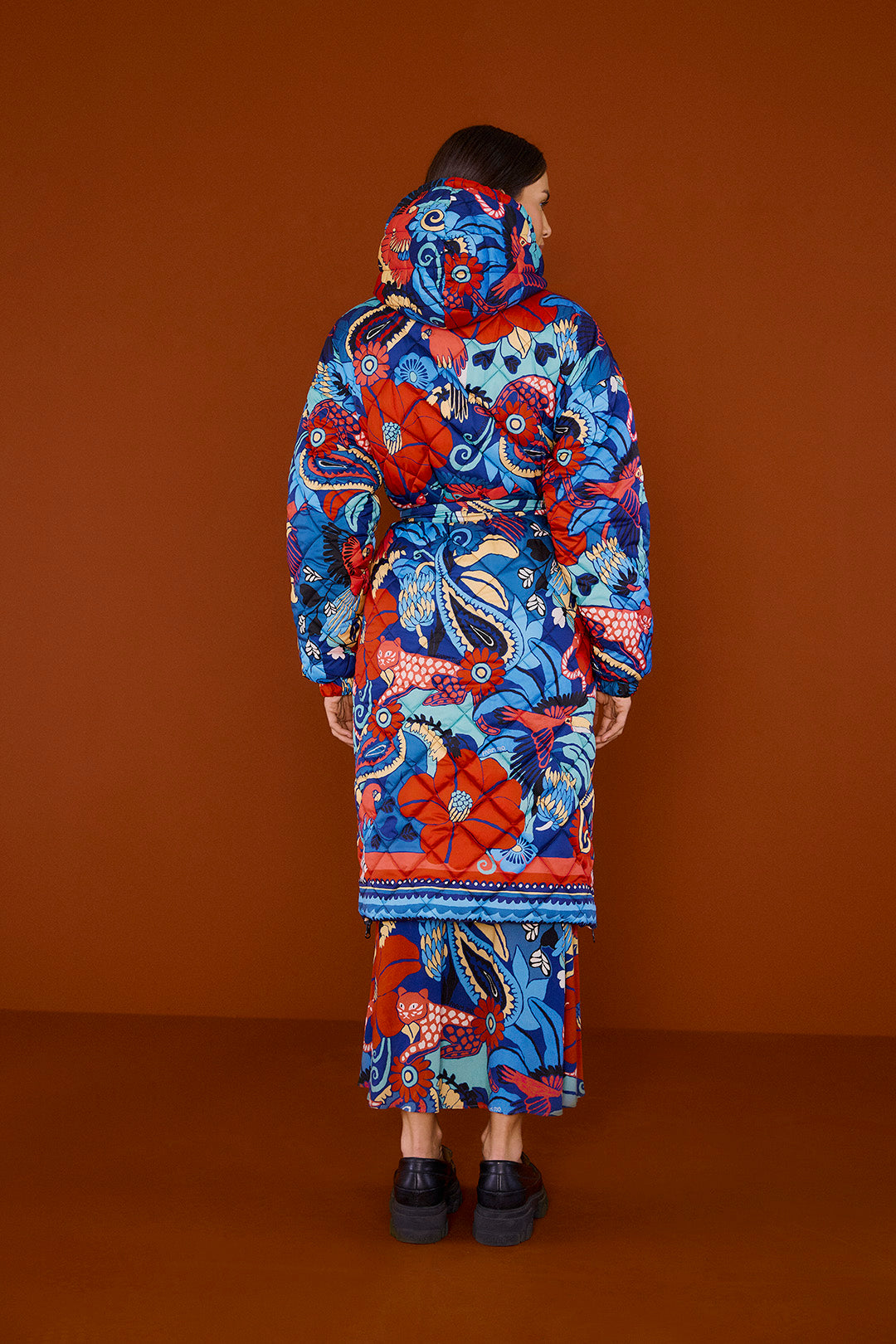 Farm Rio Black Graphic Floral Reversible Puffer Jacket