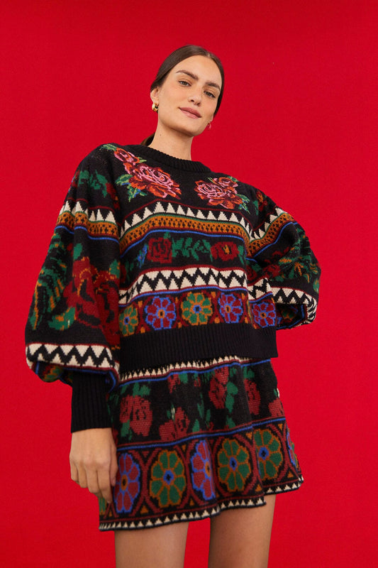 Farm Rio Black Flower Tapestry Embroidered Sweater