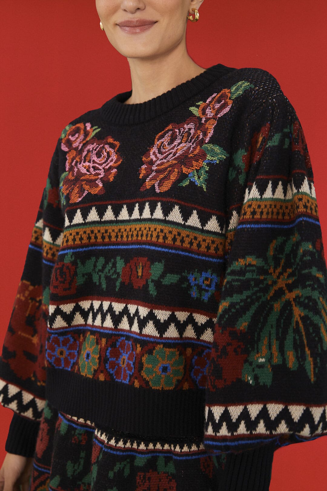 Farm Rio Black Flower Tapestry Embroidered Sweater