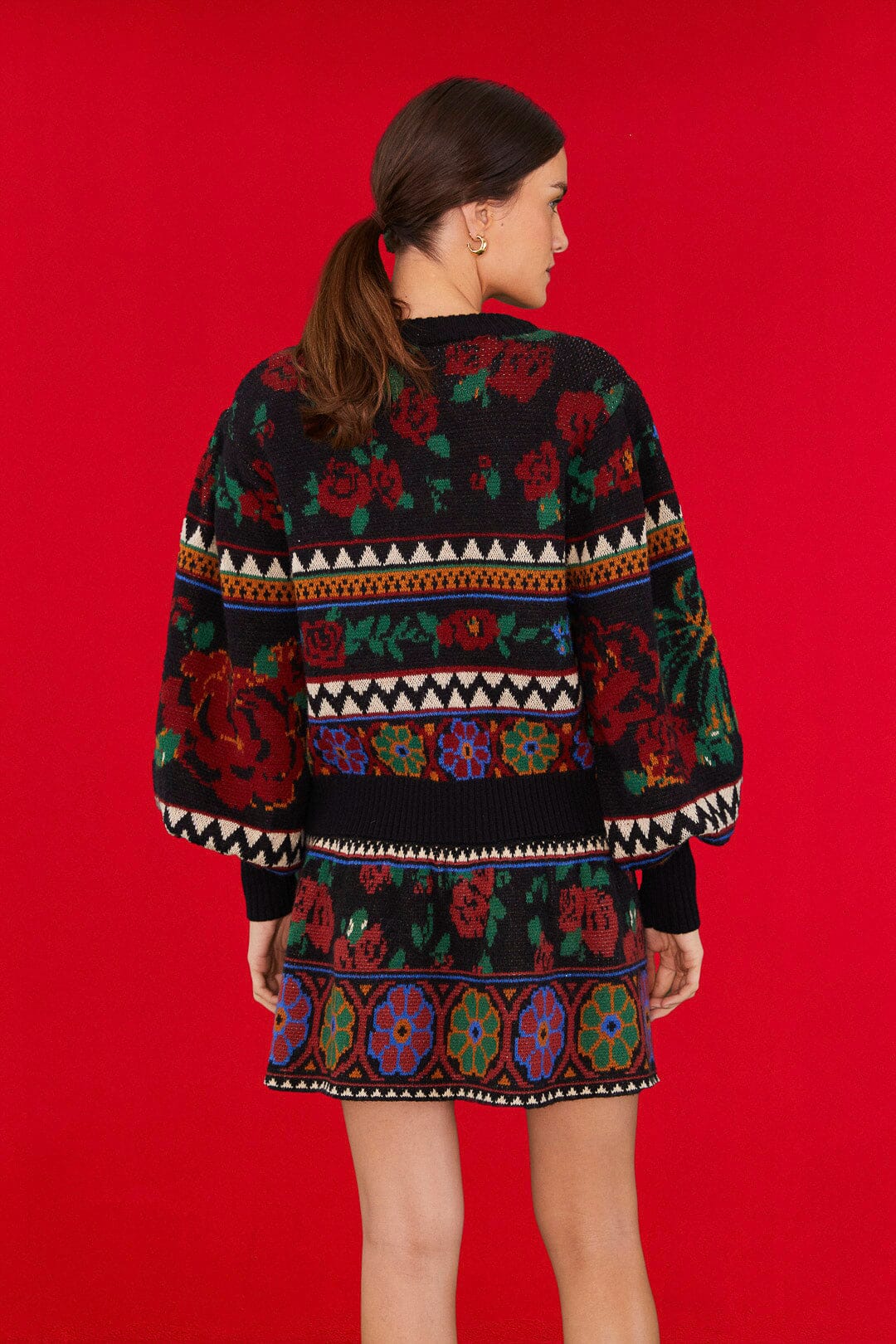 Farm Rio Black Flower Tapestry Embroidered Sweater