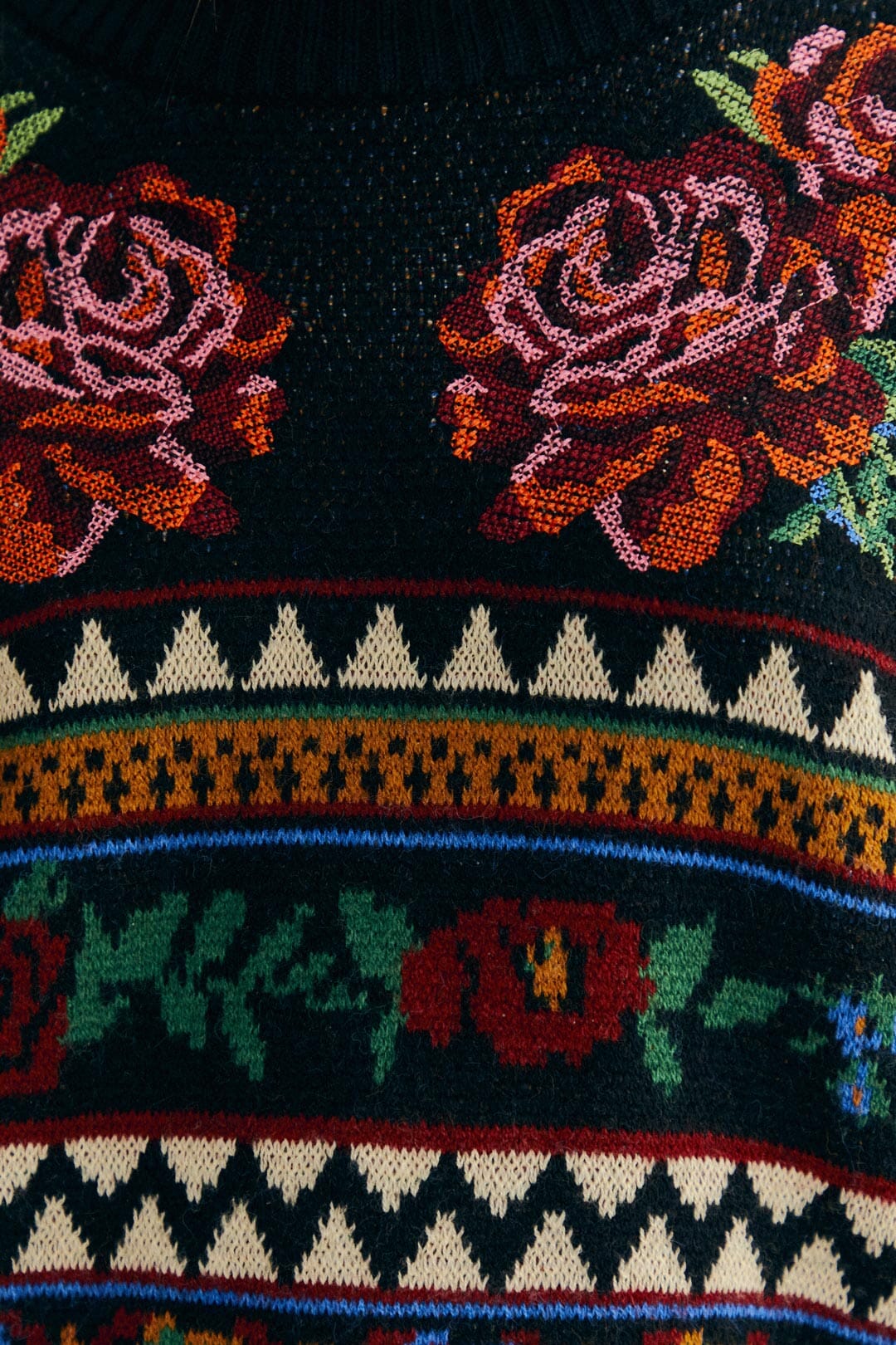 Farm Rio Black Flower Tapestry Embroidered Sweater