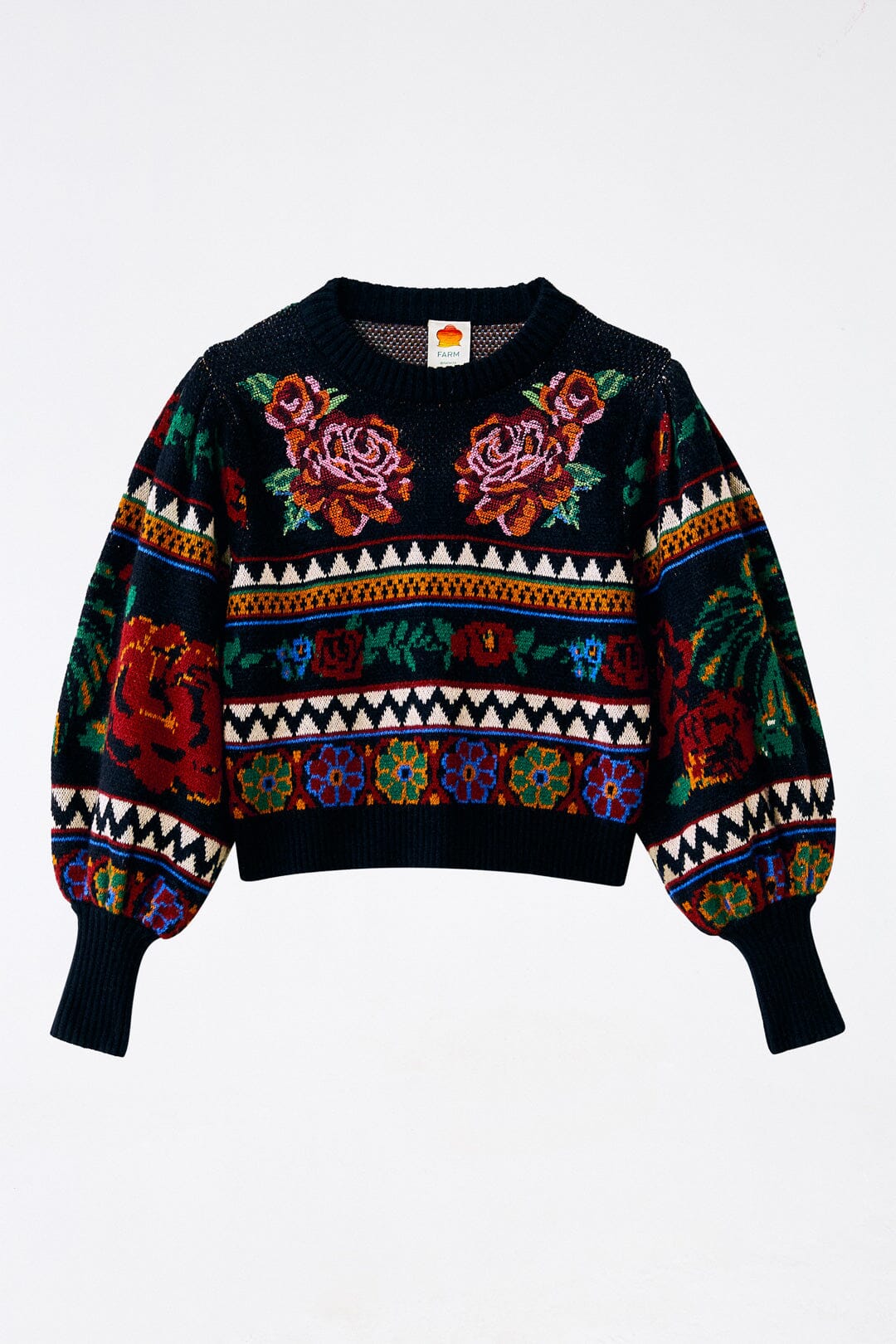 Farm Rio Black Flower Tapestry Embroidered Sweater