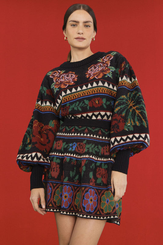 Farm Rio Black Flower Tapestry Sweater Skirt
