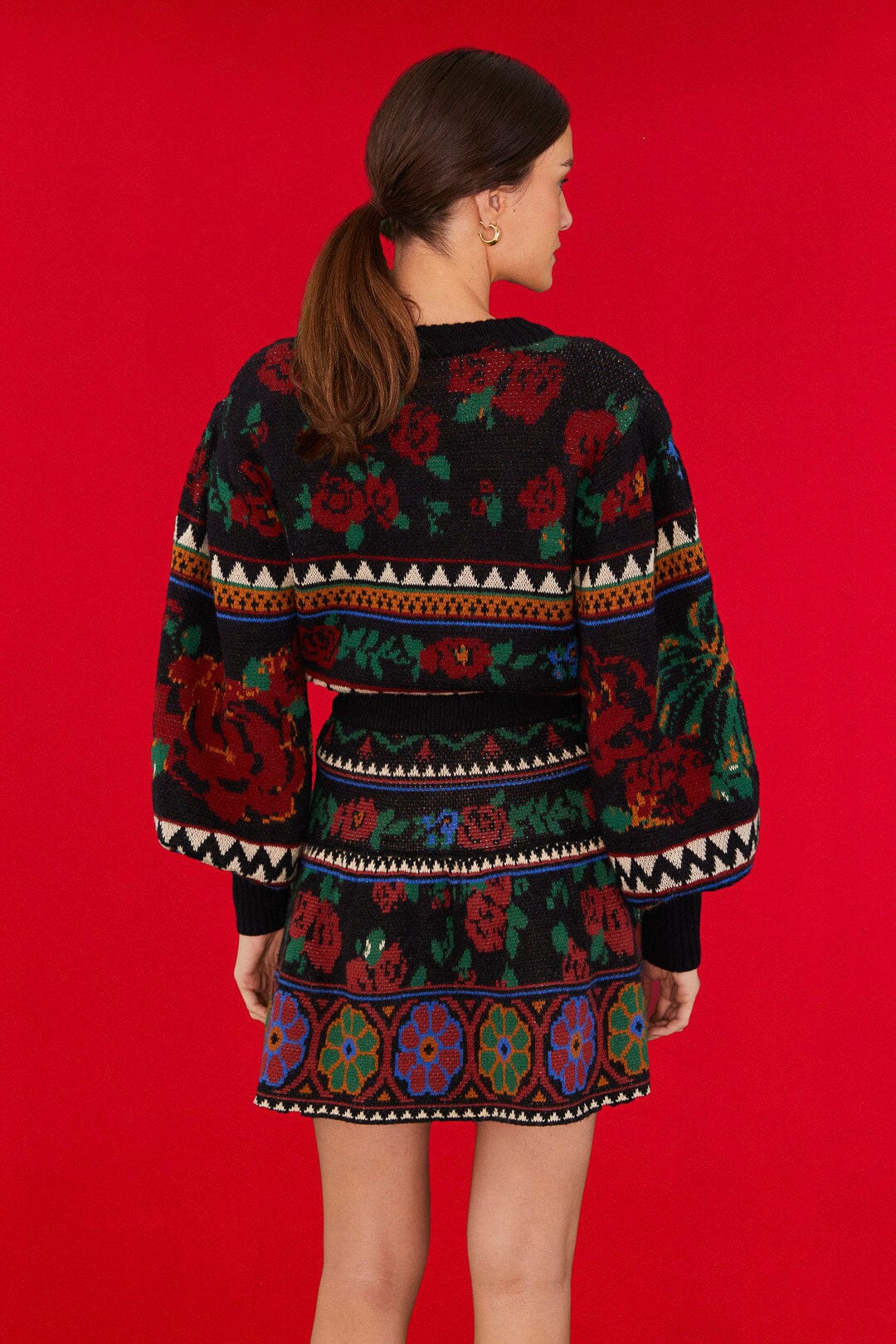 Farm Rio Black Flower Tapestry Sweater Skirt
