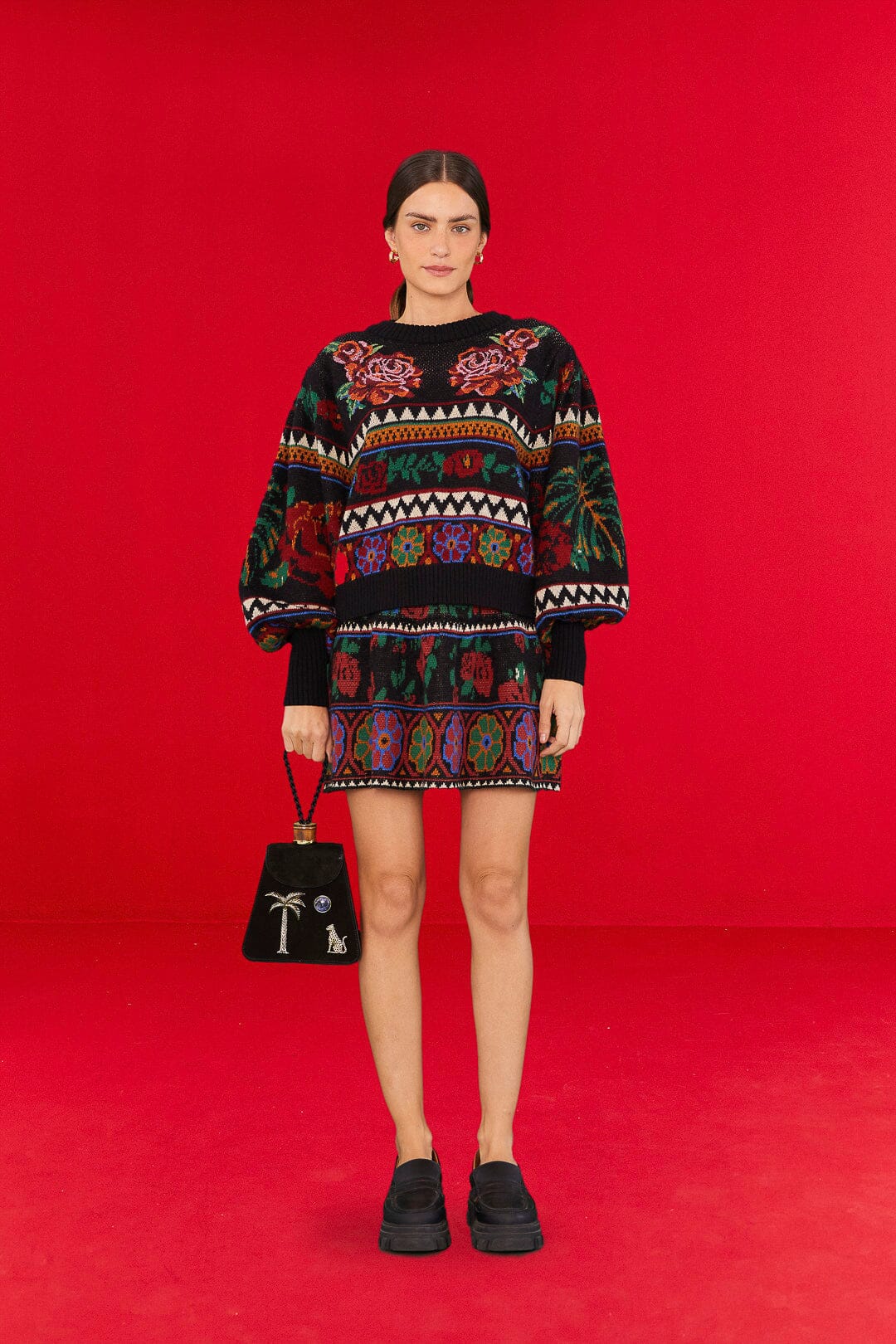 Farm Rio Black Flower Tapestry Sweater Skirt