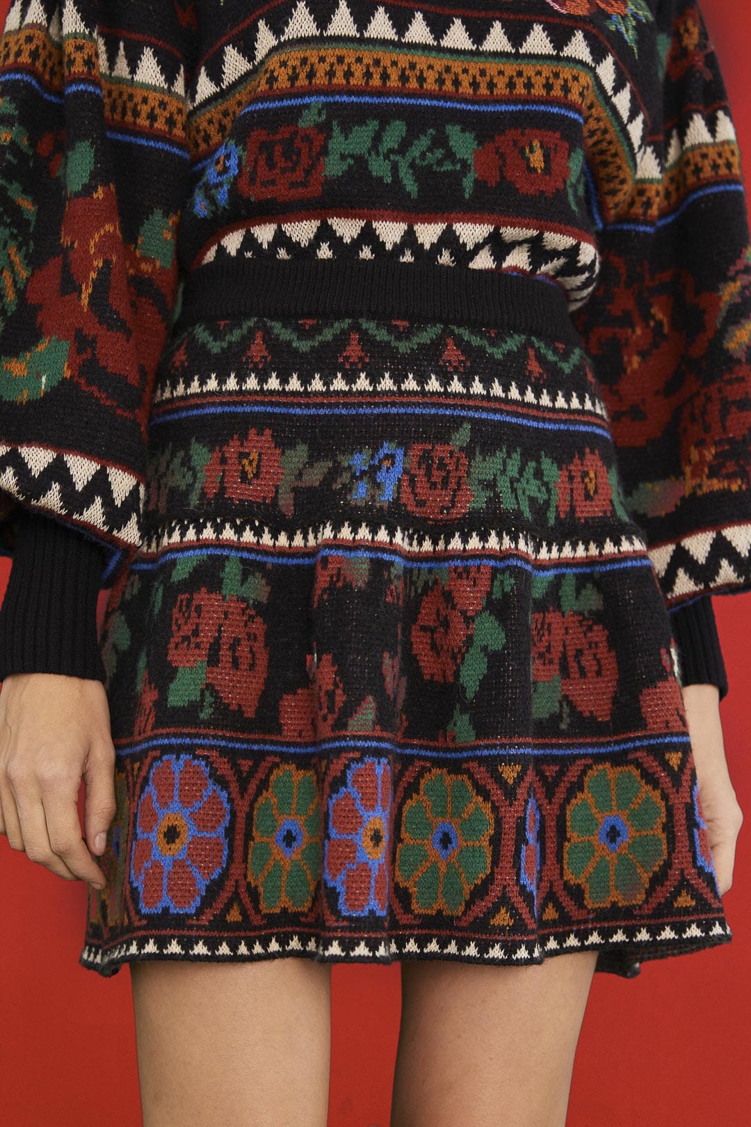 Farm Rio Black Flower Tapestry Sweater Skirt
