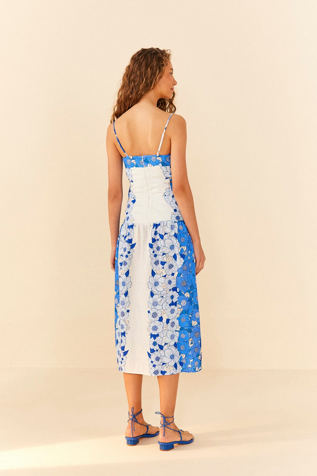 Farm Rio Blue Flower Stripes Midi Dress