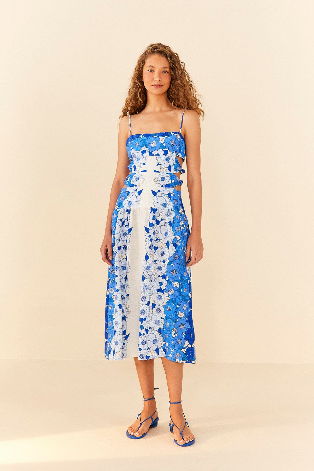 Farm Rio Blue Flower Stripes Midi Dress