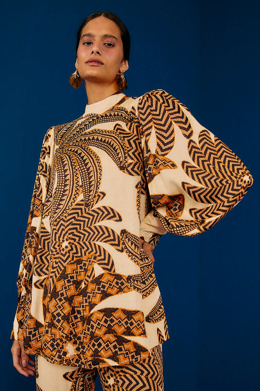 Farm Rio Sand Yawanawa Banana Lenzing™ Ecovero™ Viscose Blouse