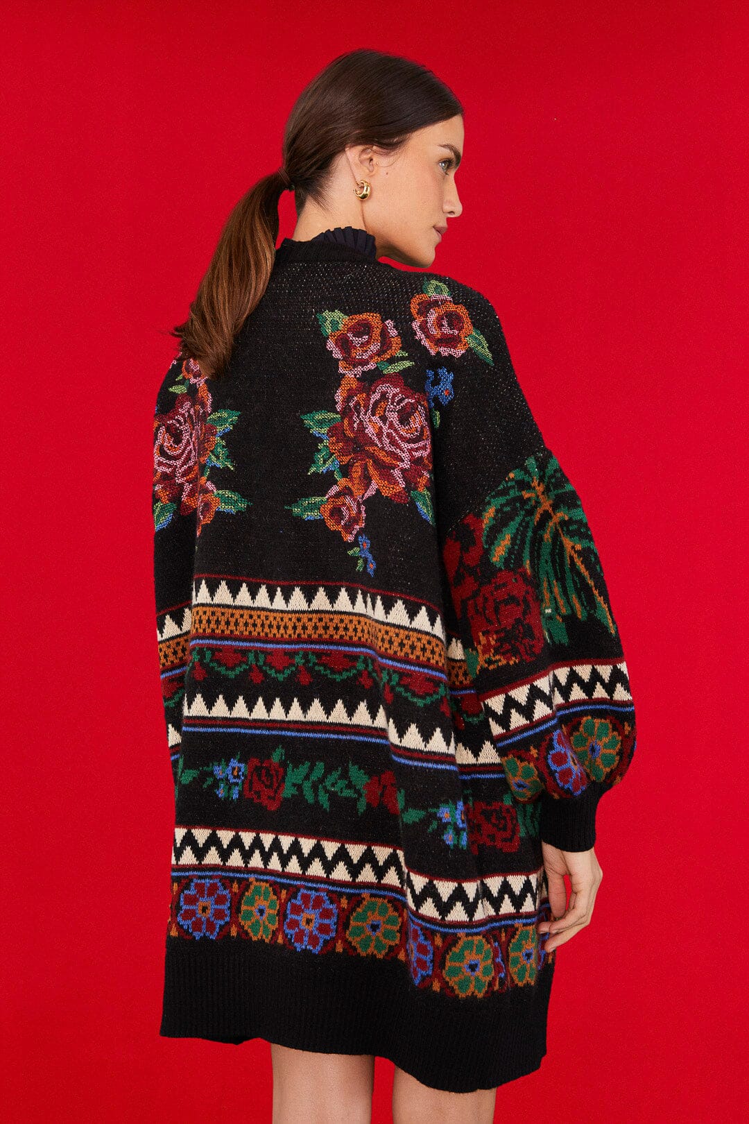 Farm Rio Black Flower Tapestry Cardigan