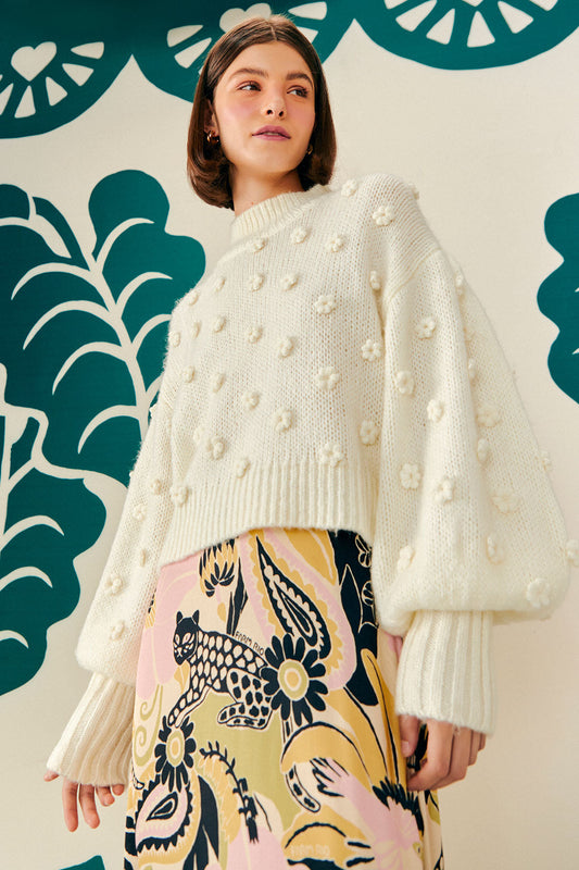 Farm Rio White Handmade Flowers Sweater