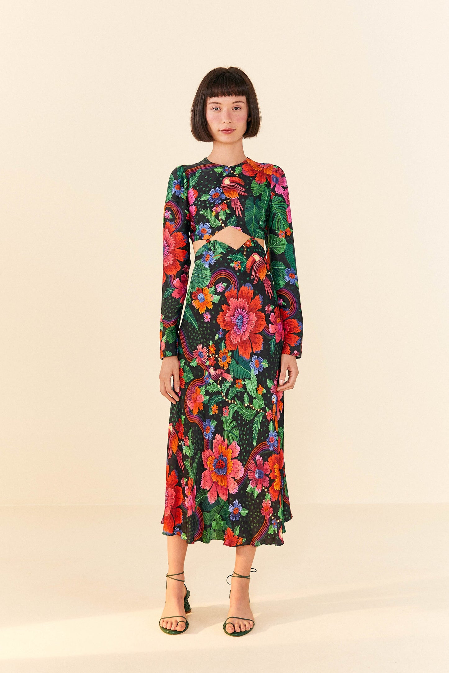 Farm Rio Black Blooming Garden Lenzing™ Ecovero™ Viscose Midi Dress