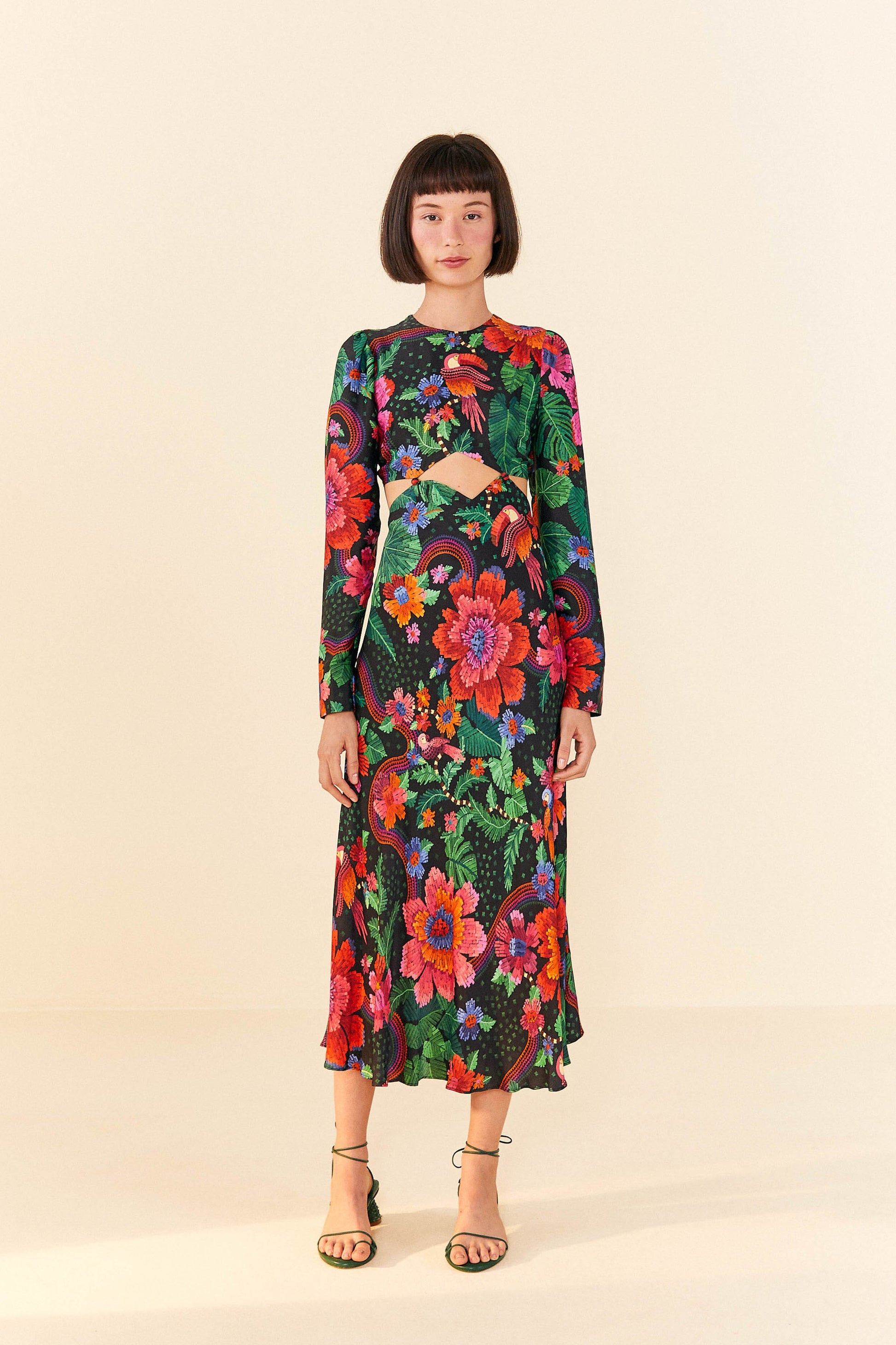 Farm Rio Black Blooming Garden Lenzing™ Ecovero™ Viscose Midi Dress