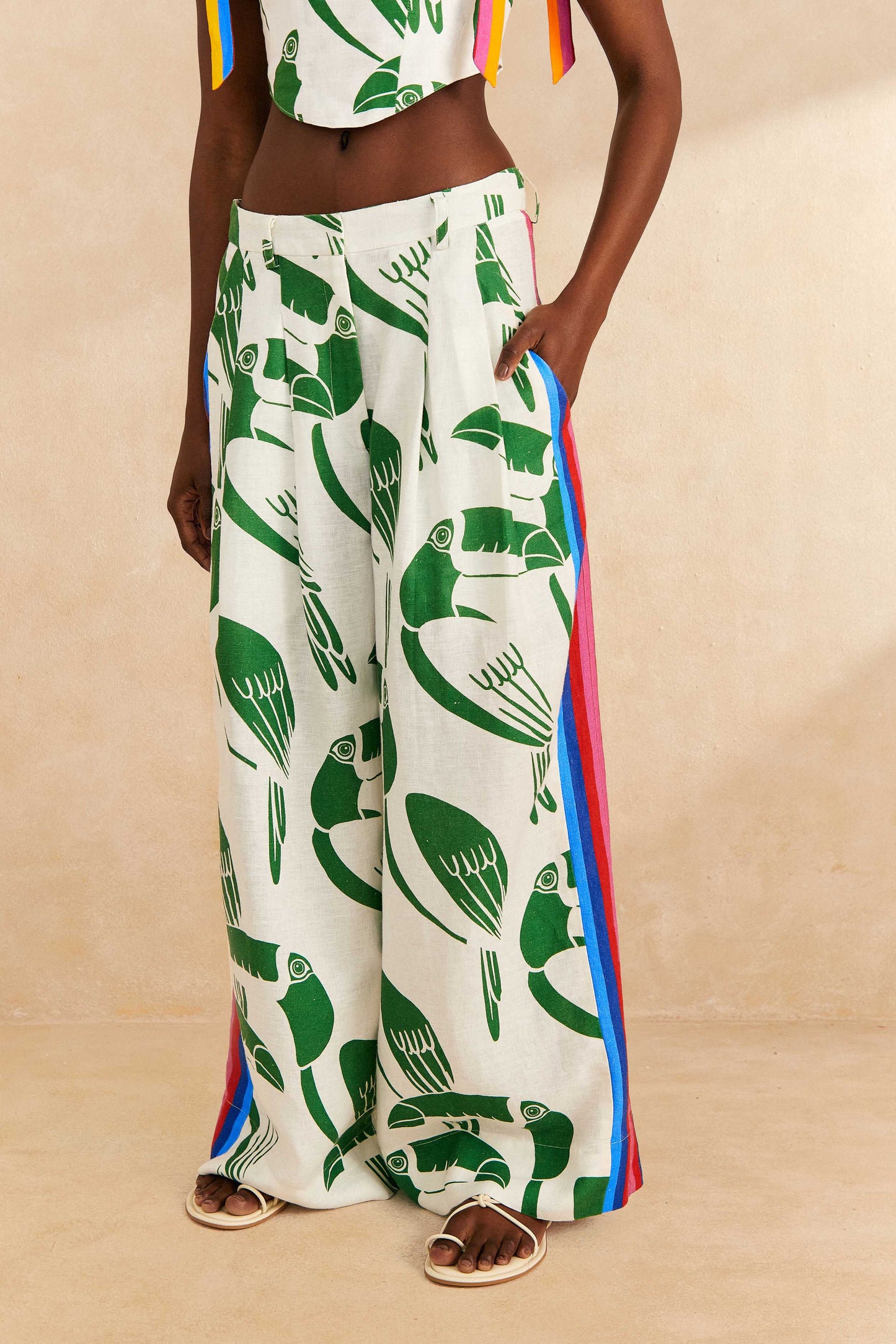 Farm Rio Off-White Rainbow Toucans Pants