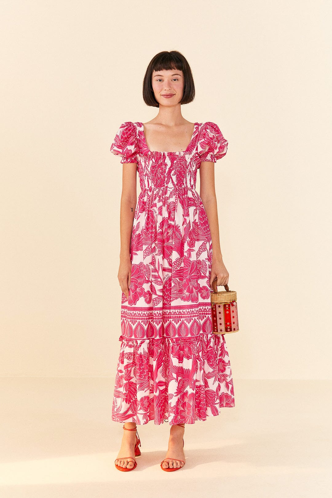 Farm Rio Pink Tropical Woodcut Maxi Dress