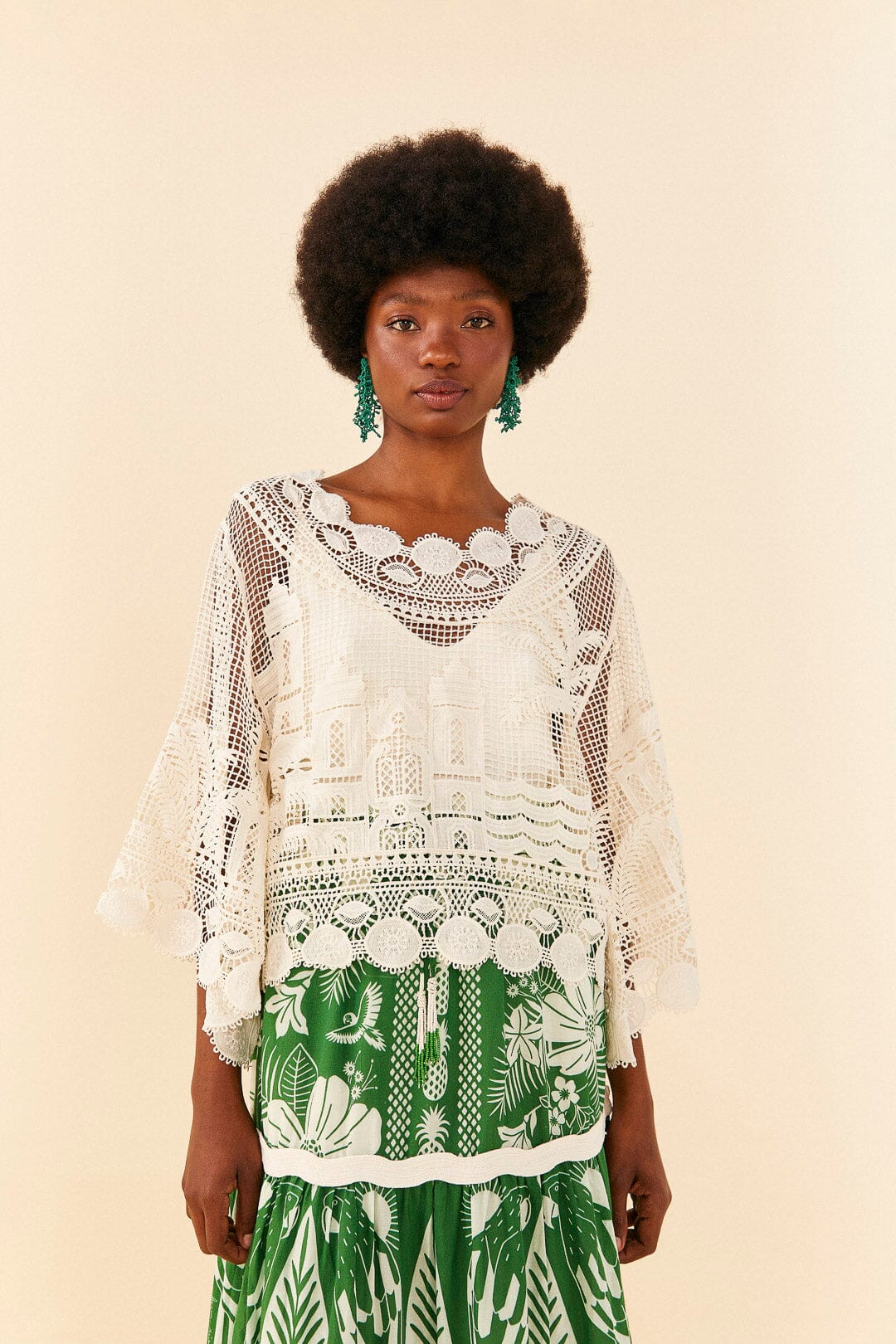 Farm Rio Off-White Morada Boa Guipire Blouse