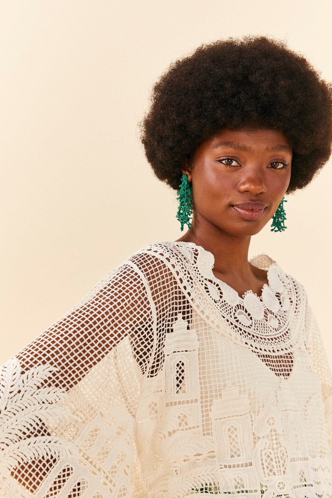Farm Rio Off-White Morada Boa Guipire Blouse