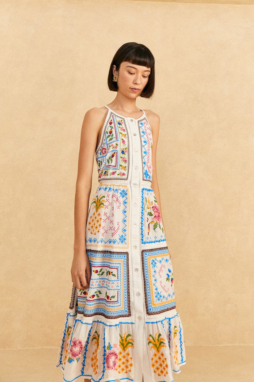Farm Rio Grandma Gift Embroidered Midi Dress