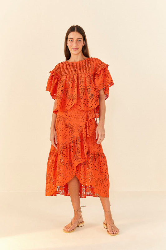 Farm Rio Orange Palm Tree Richelieu Midi Skirt