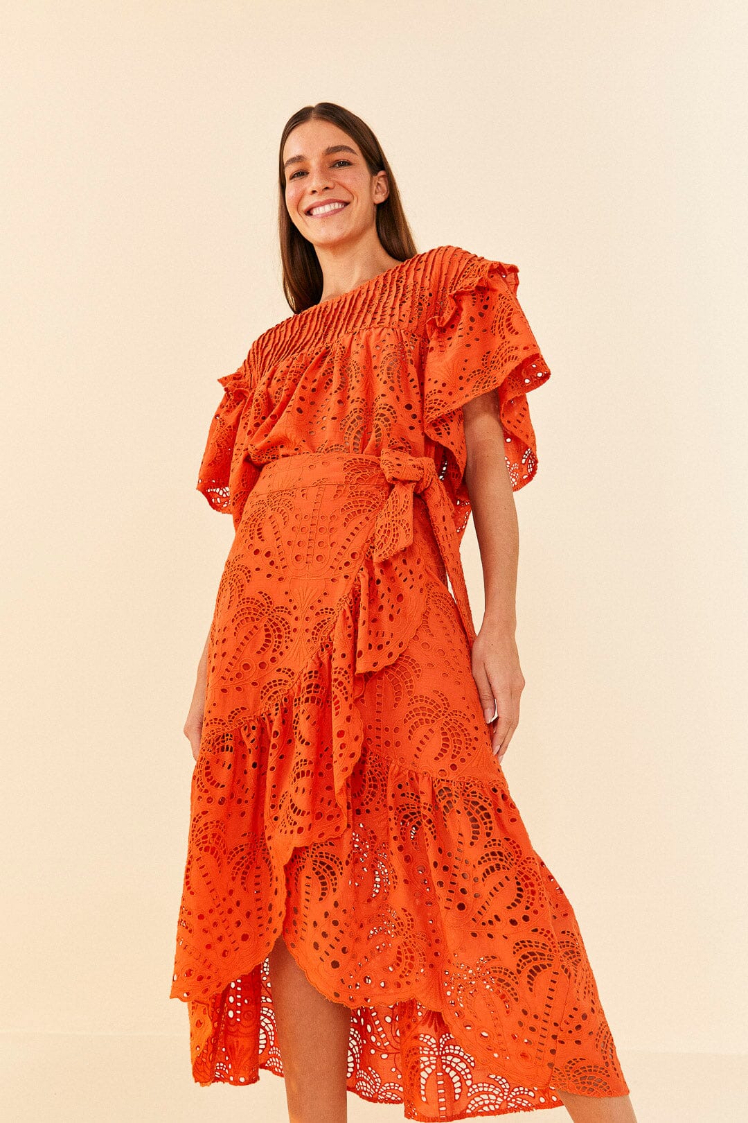 Farm Rio Orange Palm Tree Richelieu Midi Skirt