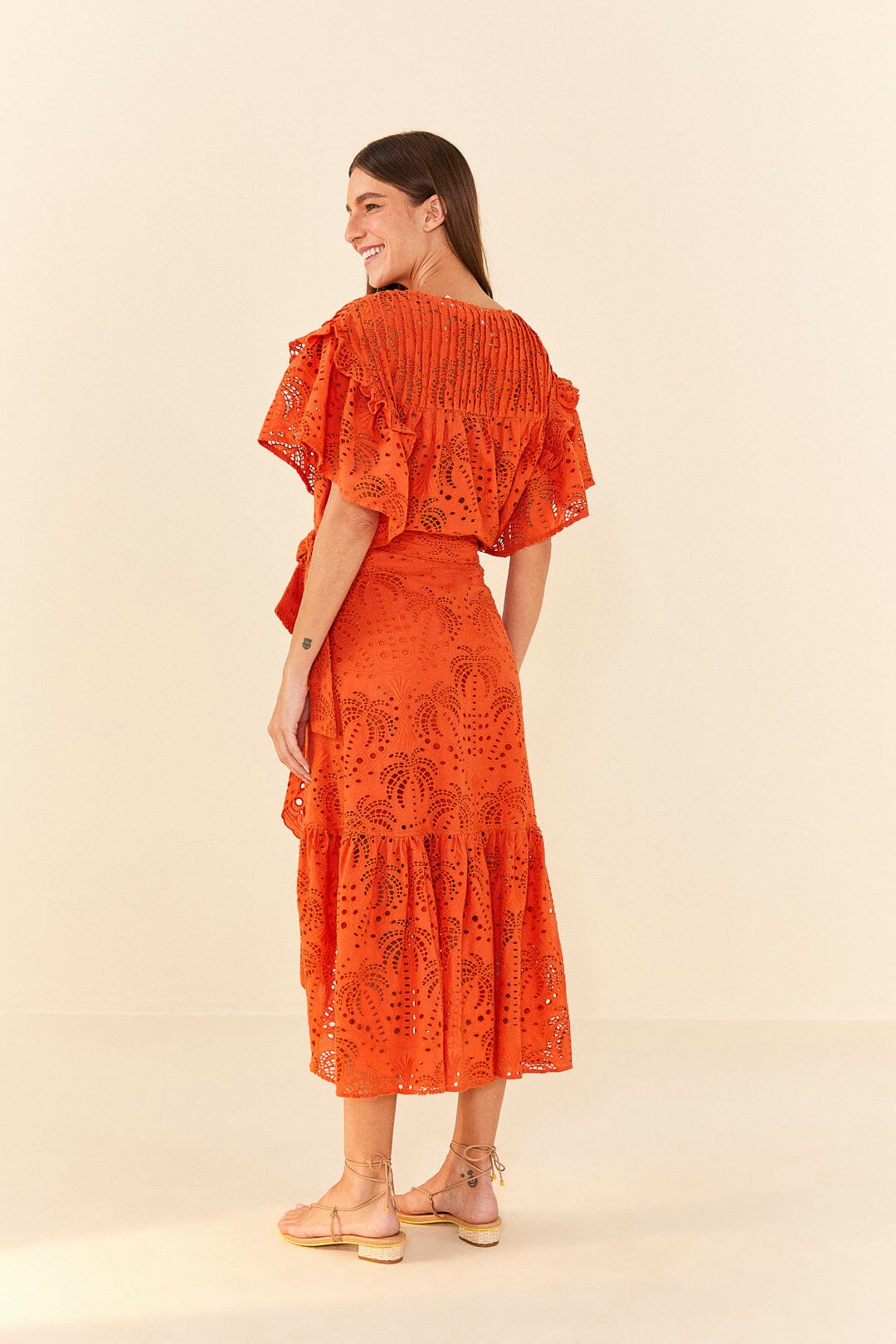 Farm Rio Orange Palm Tree Richelieu Midi Skirt