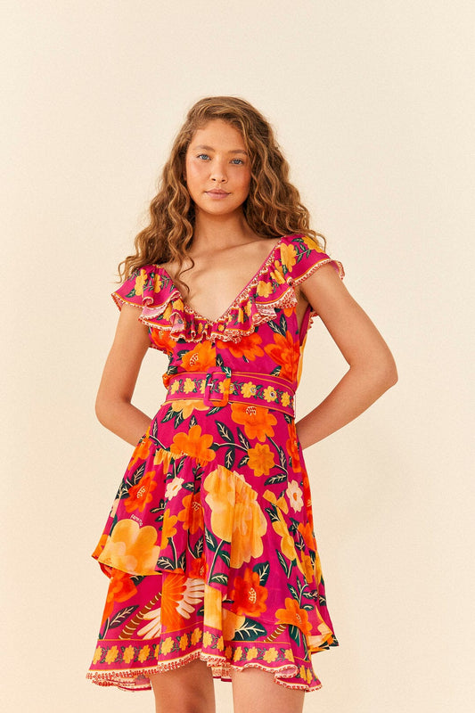 Farm Rio Pink Flowers Tapestry Mini Dress