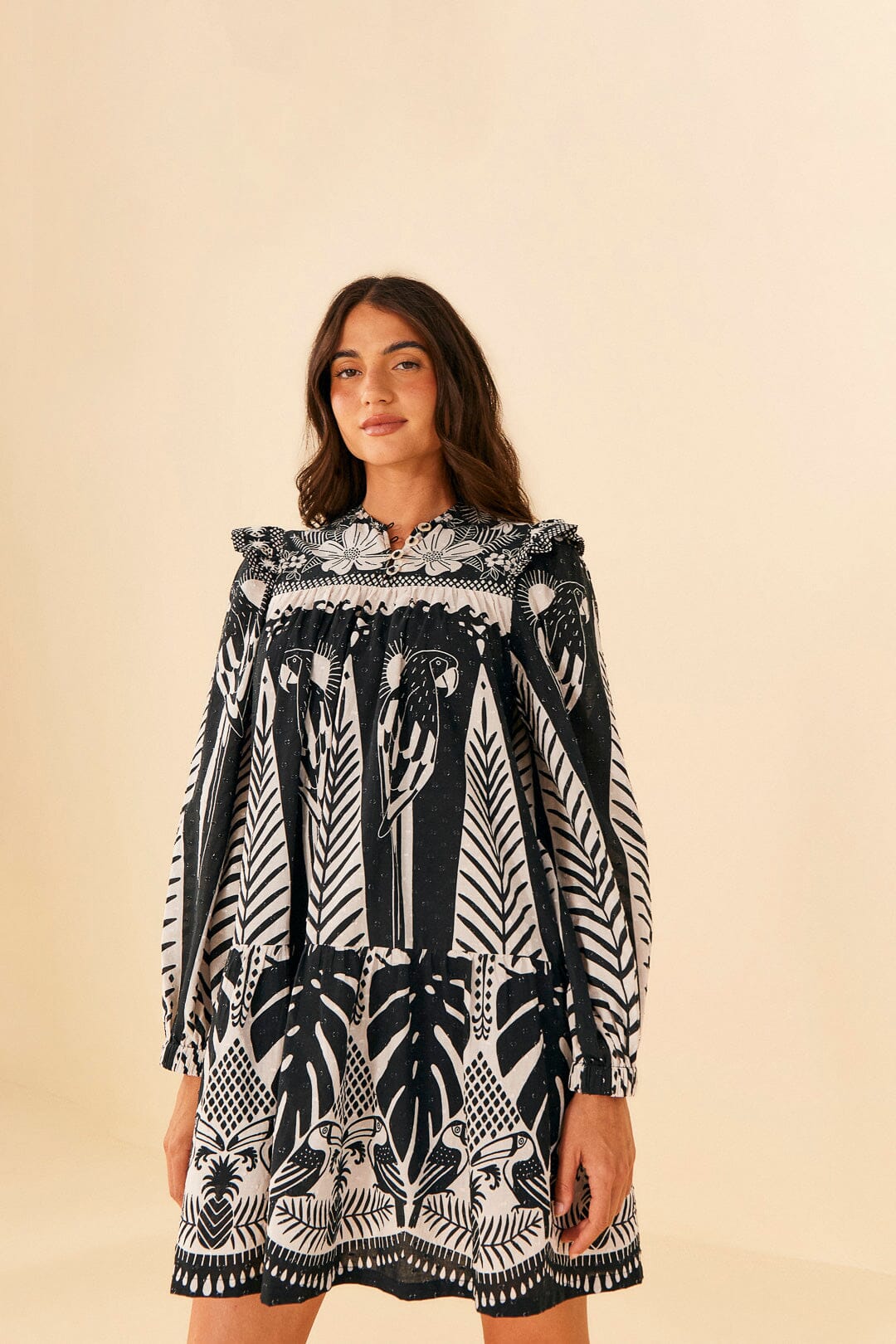 Farm Rio Black Macaw Elegance Long Sleeve Mini Dress