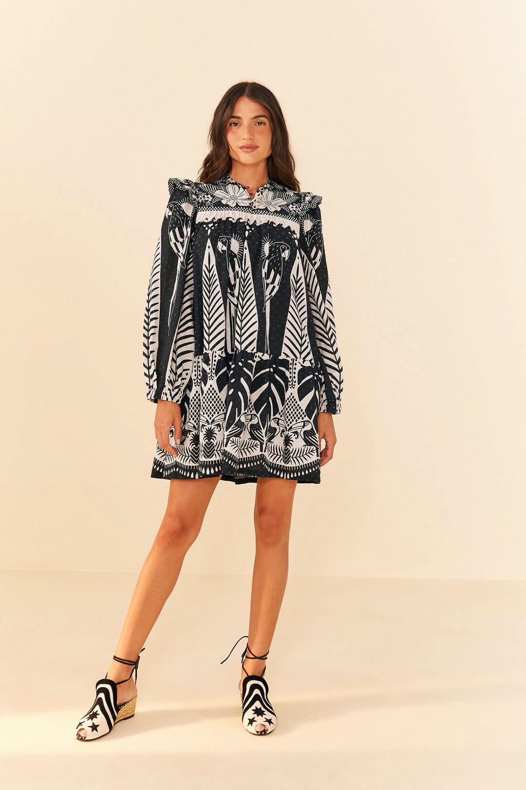 Farm Rio Black Macaw Elegance Long Sleeve Mini Dress