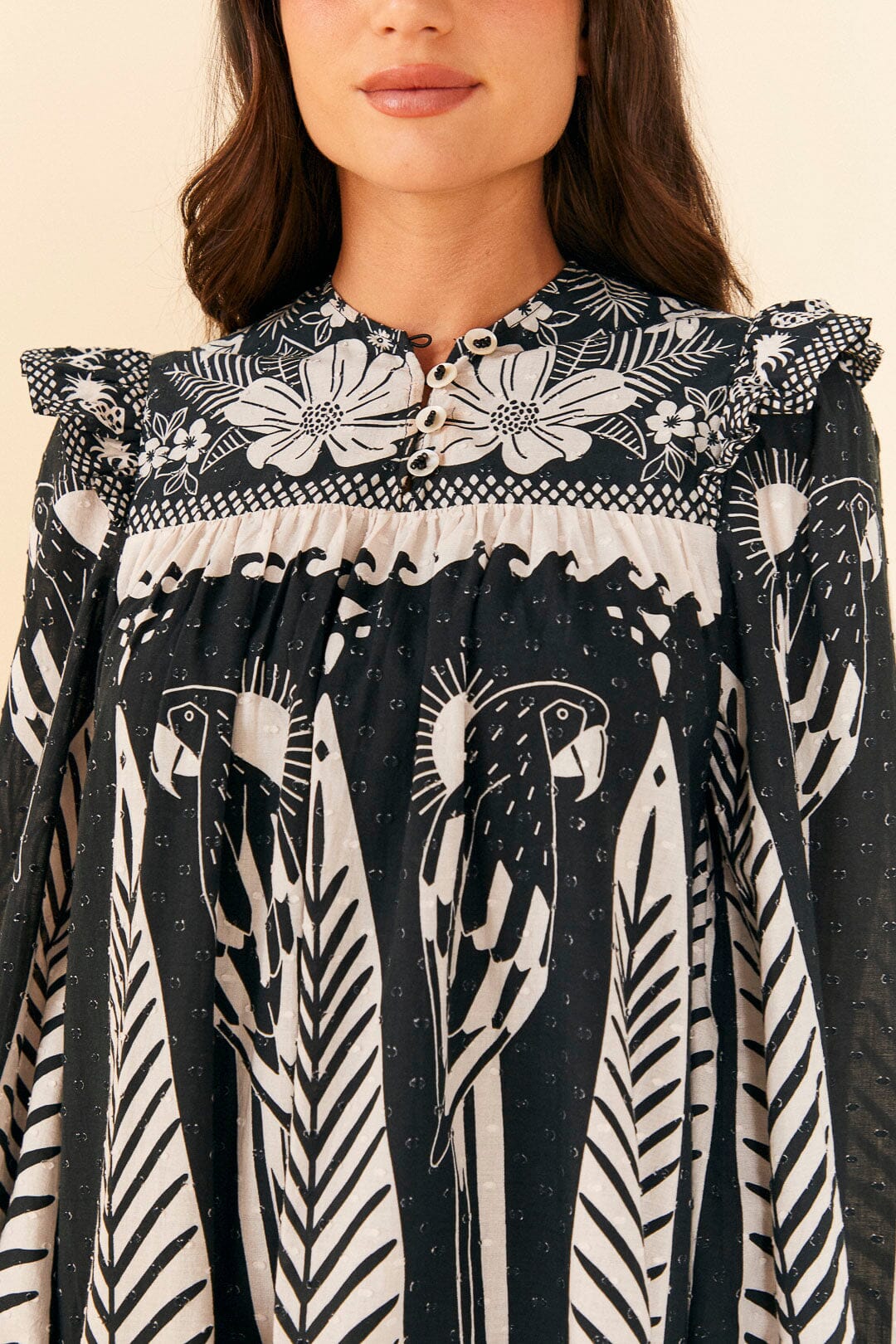 Farm Rio Black Macaw Elegance Long Sleeve Mini Dress