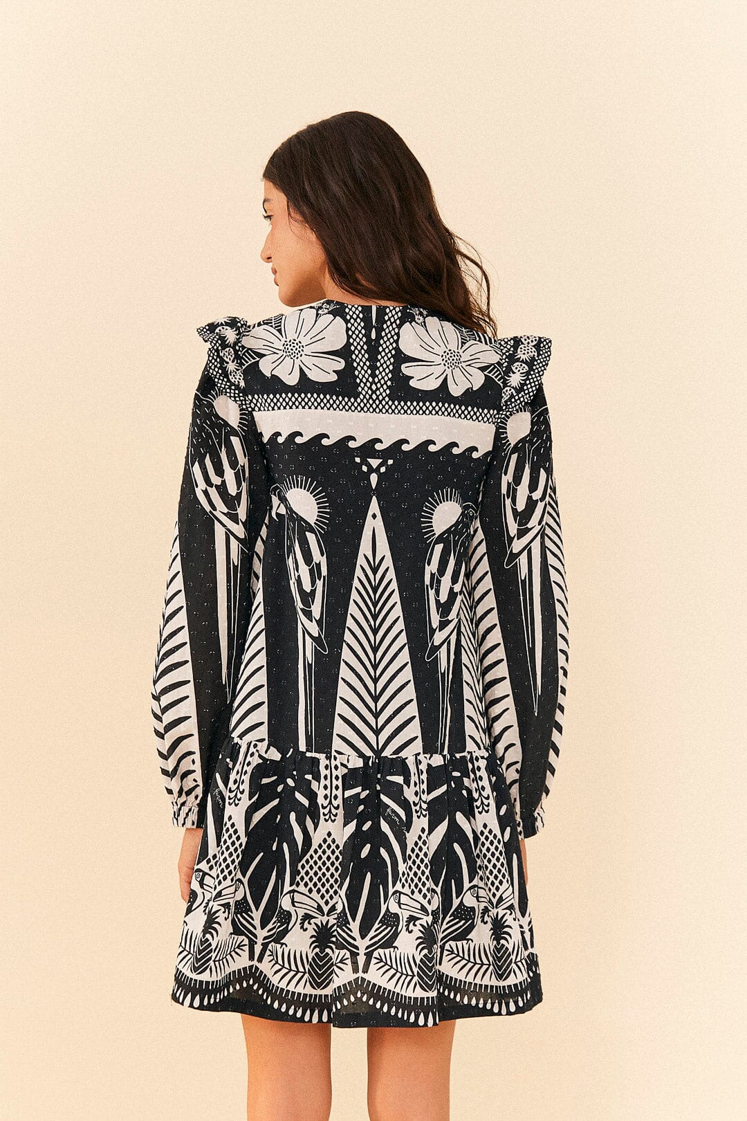 Farm Rio Black Macaw Elegance Long Sleeve Mini Dress