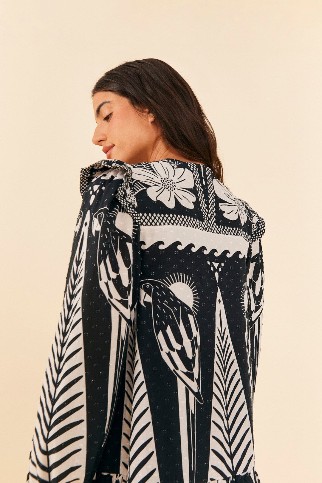 Farm Rio Black Macaw Elegance Long Sleeve Mini Dress