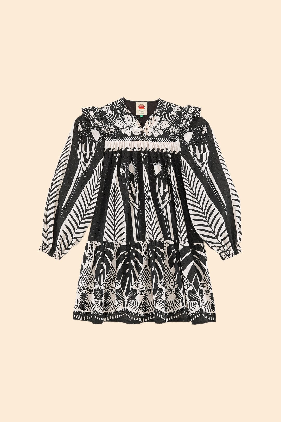 Farm Rio Black Macaw Elegance Long Sleeve Mini Dress