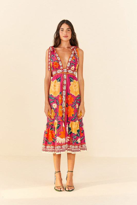 Farm Rio Pink Flower Tapestry Midi Dress
