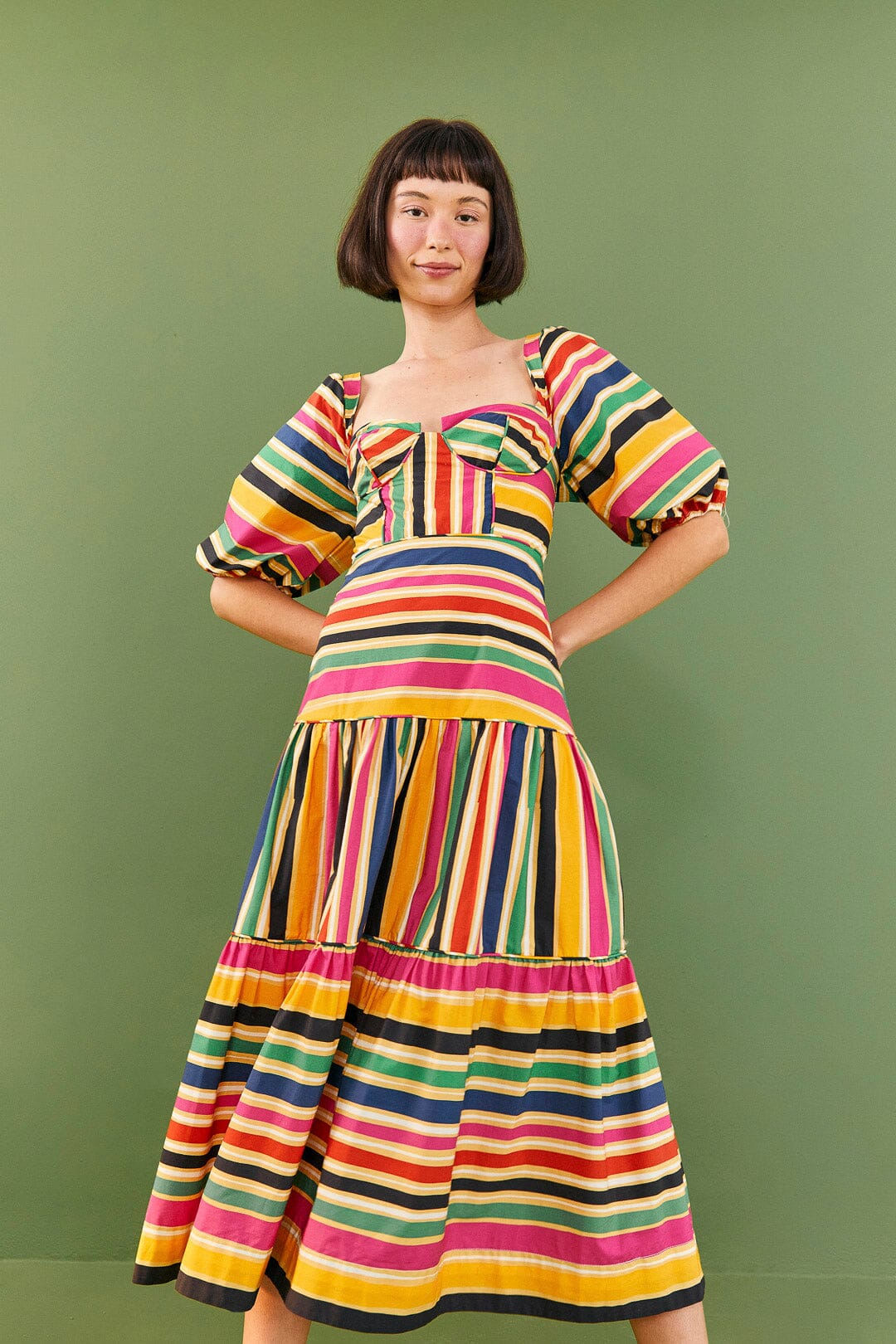 Farm Rio Rainbow Stripes Midi Dress