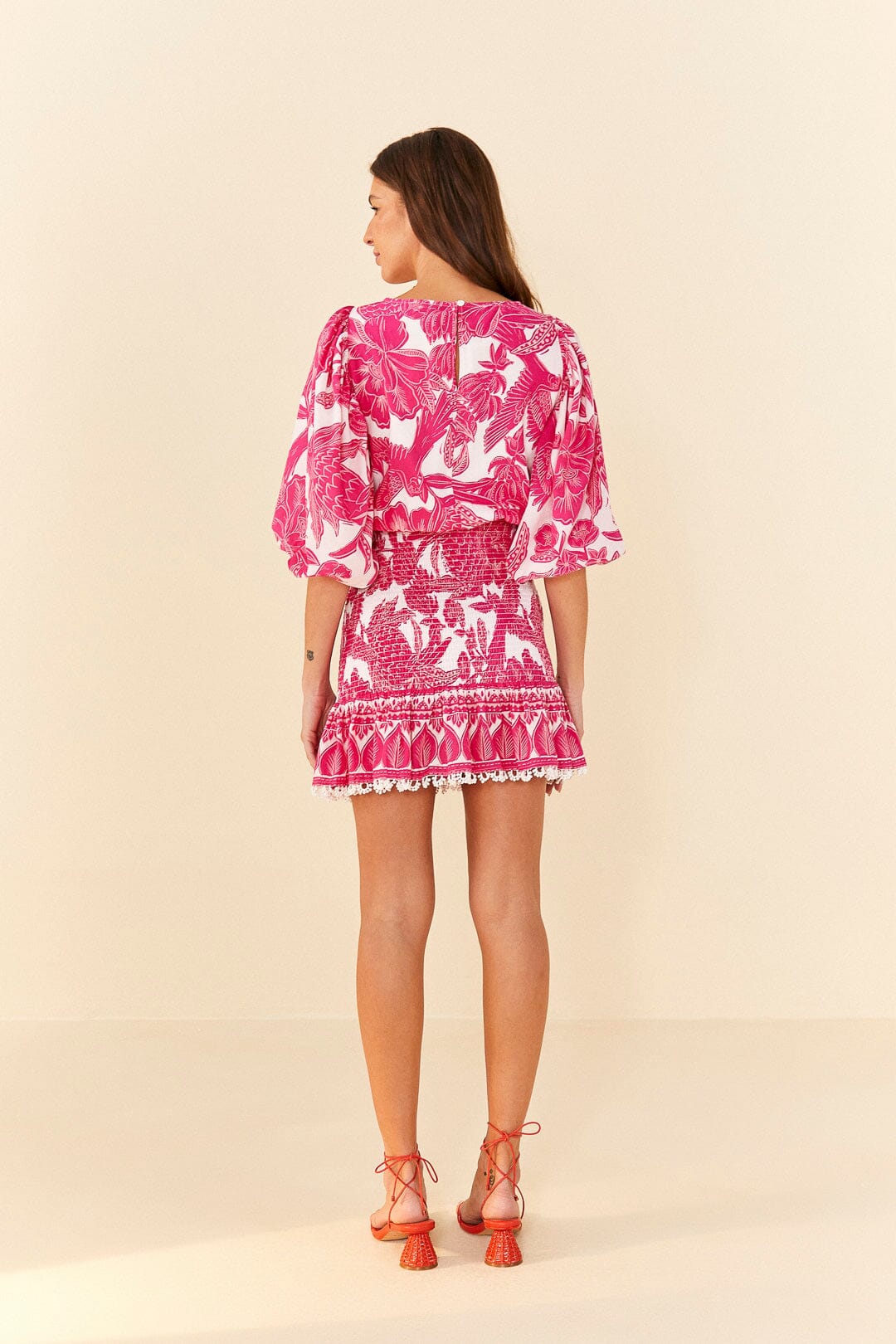Farm Rio Pink Tropical Woodcut Mini Dress