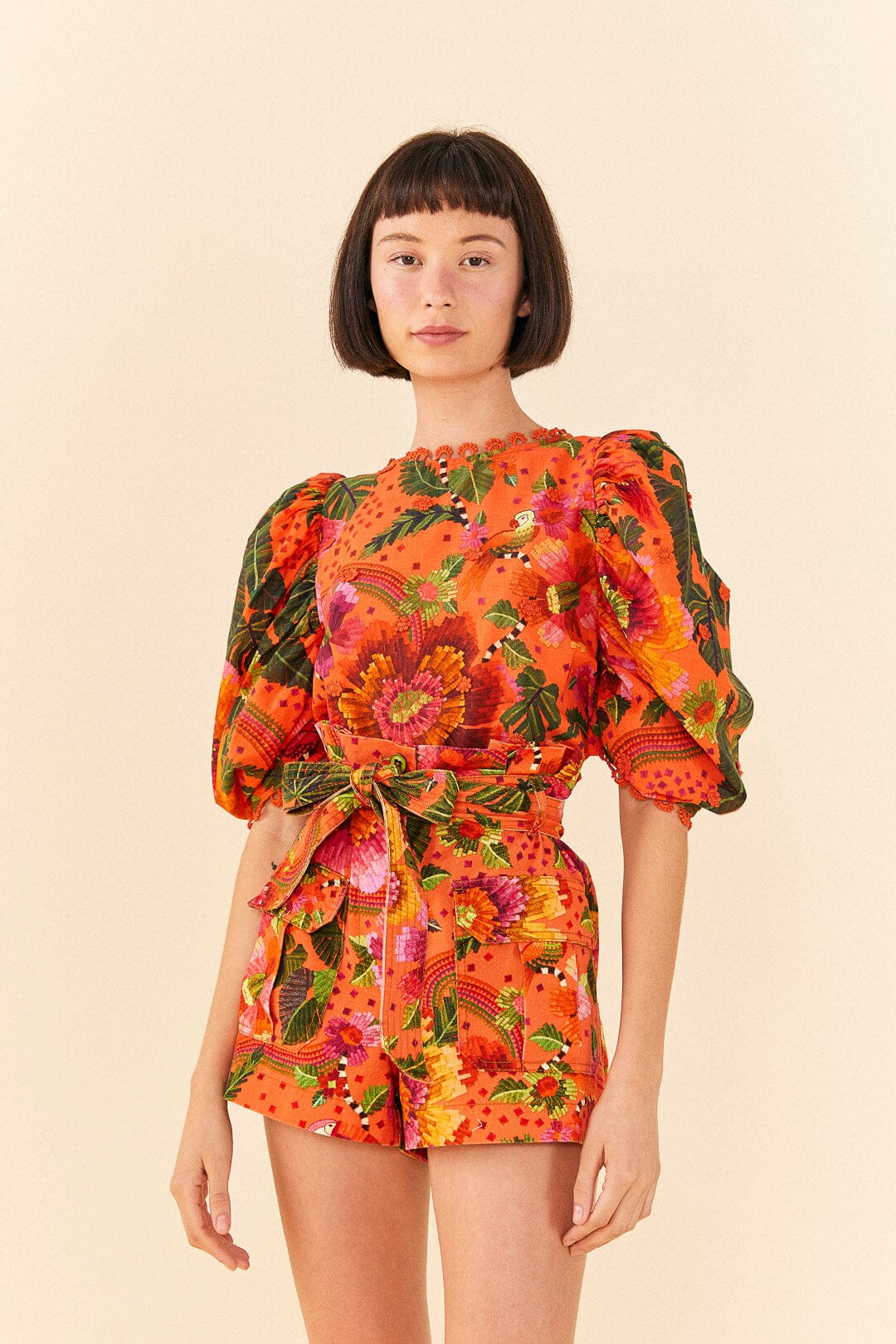 Farm Rio Orange Blooming Garden Blouse