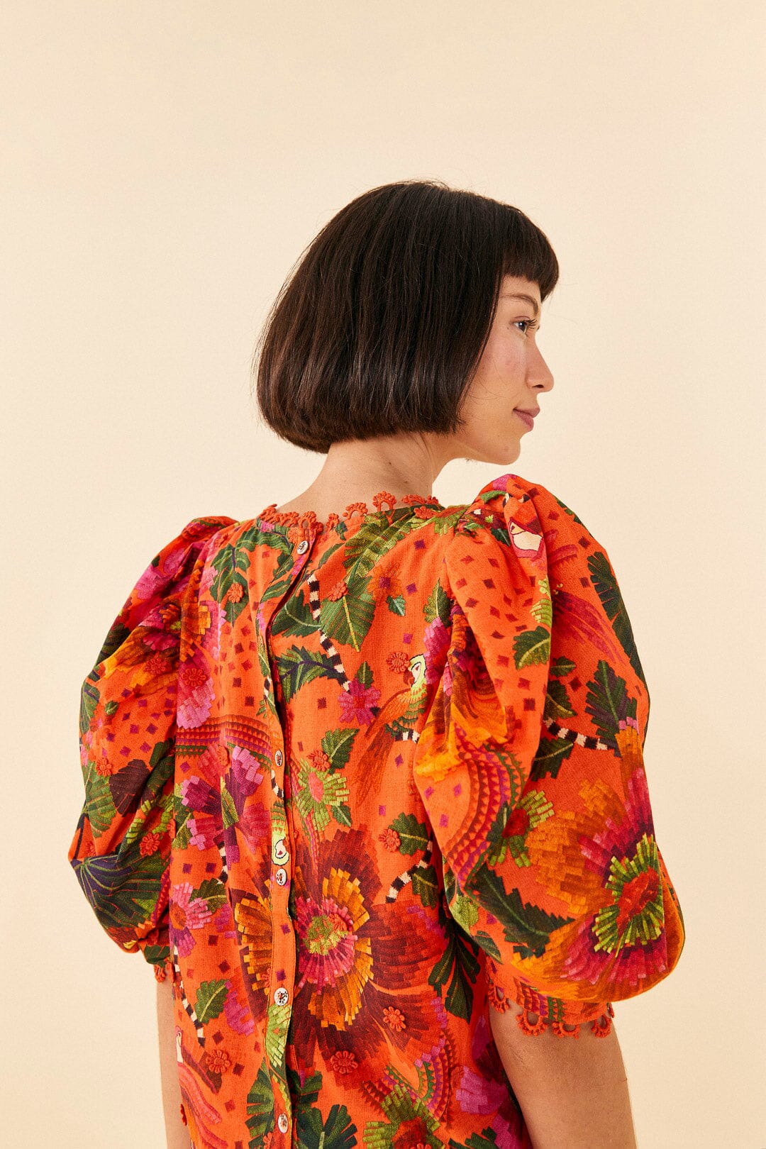Farm Rio Orange Blooming Garden Blouse