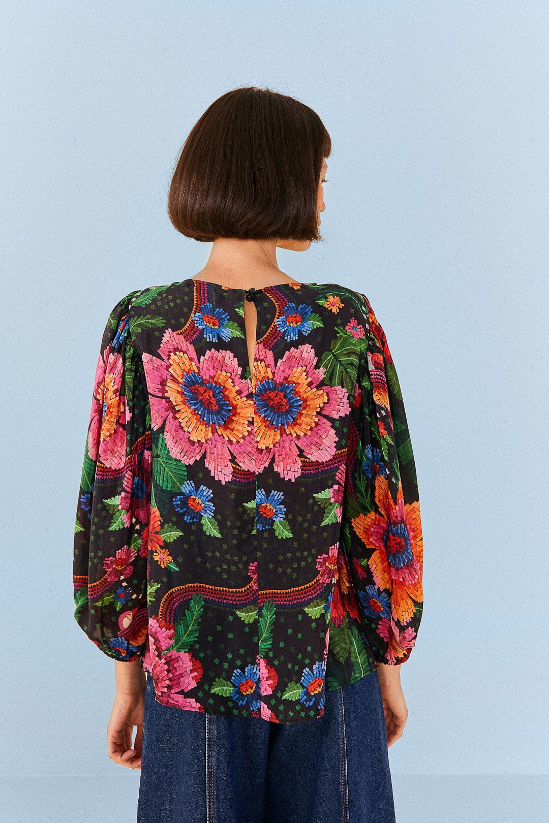 Farm Rio Black Blooming Garden Blouse