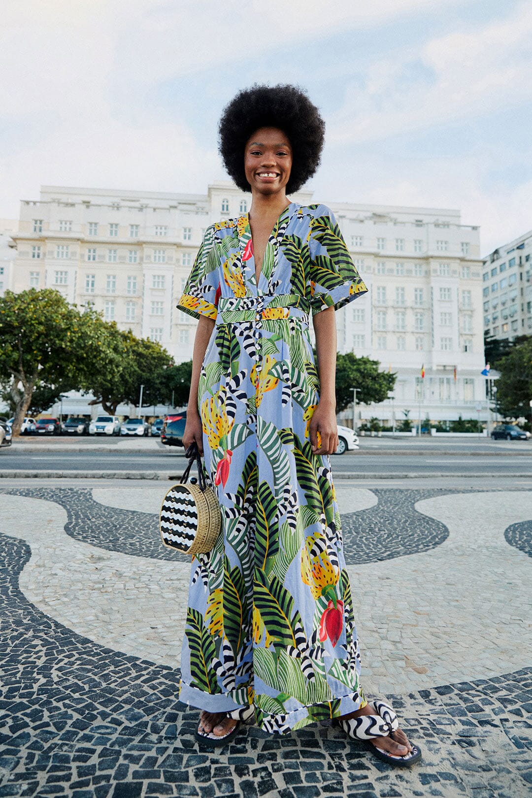 Farm Rio Blue Striped Bananas Jumpsuit