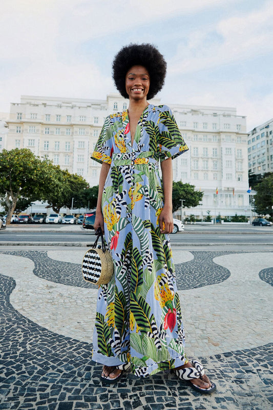 Farm Rio Blue Striped Bananas Jumpsuit