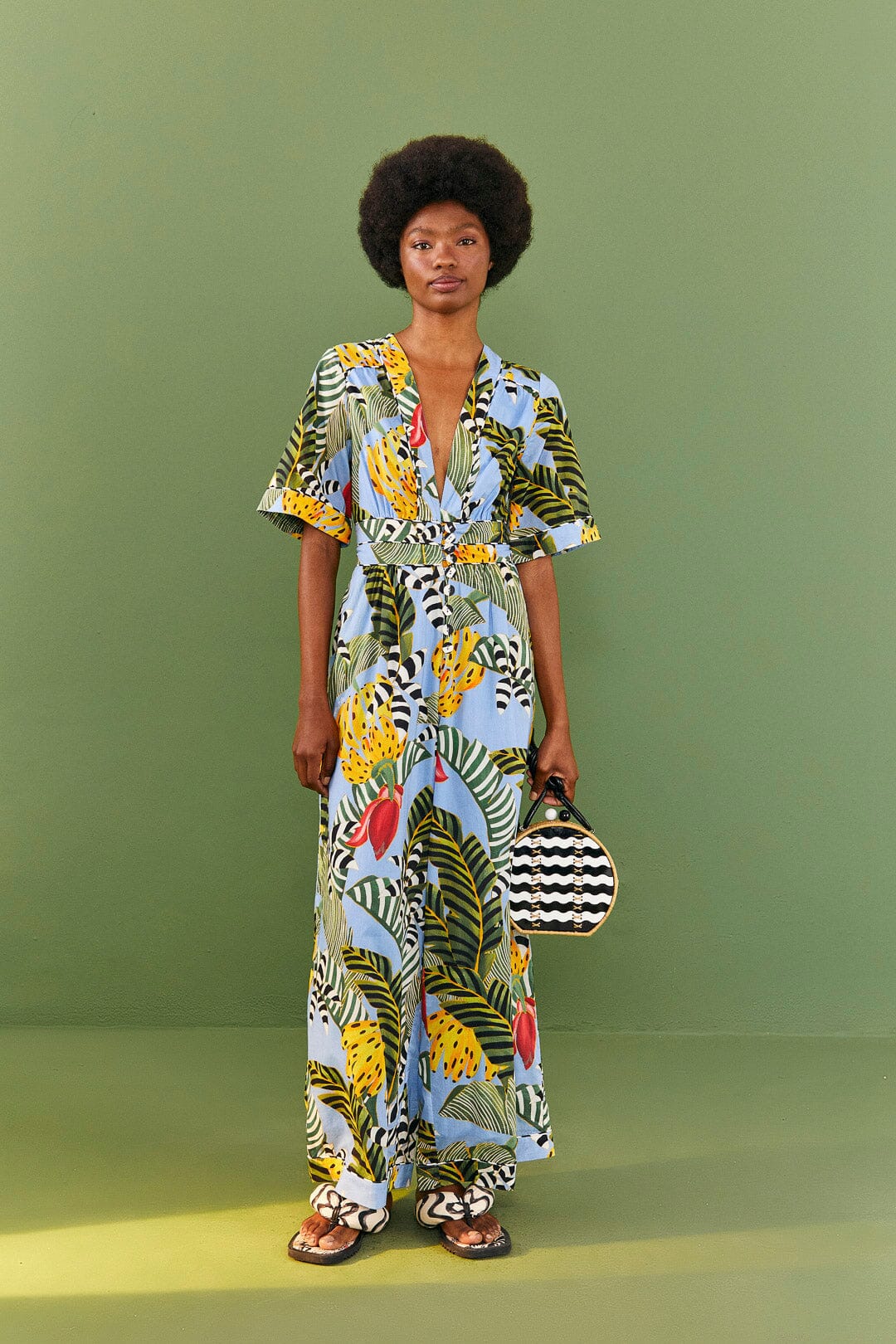 Farm Rio Blue Striped Bananas Jumpsuit