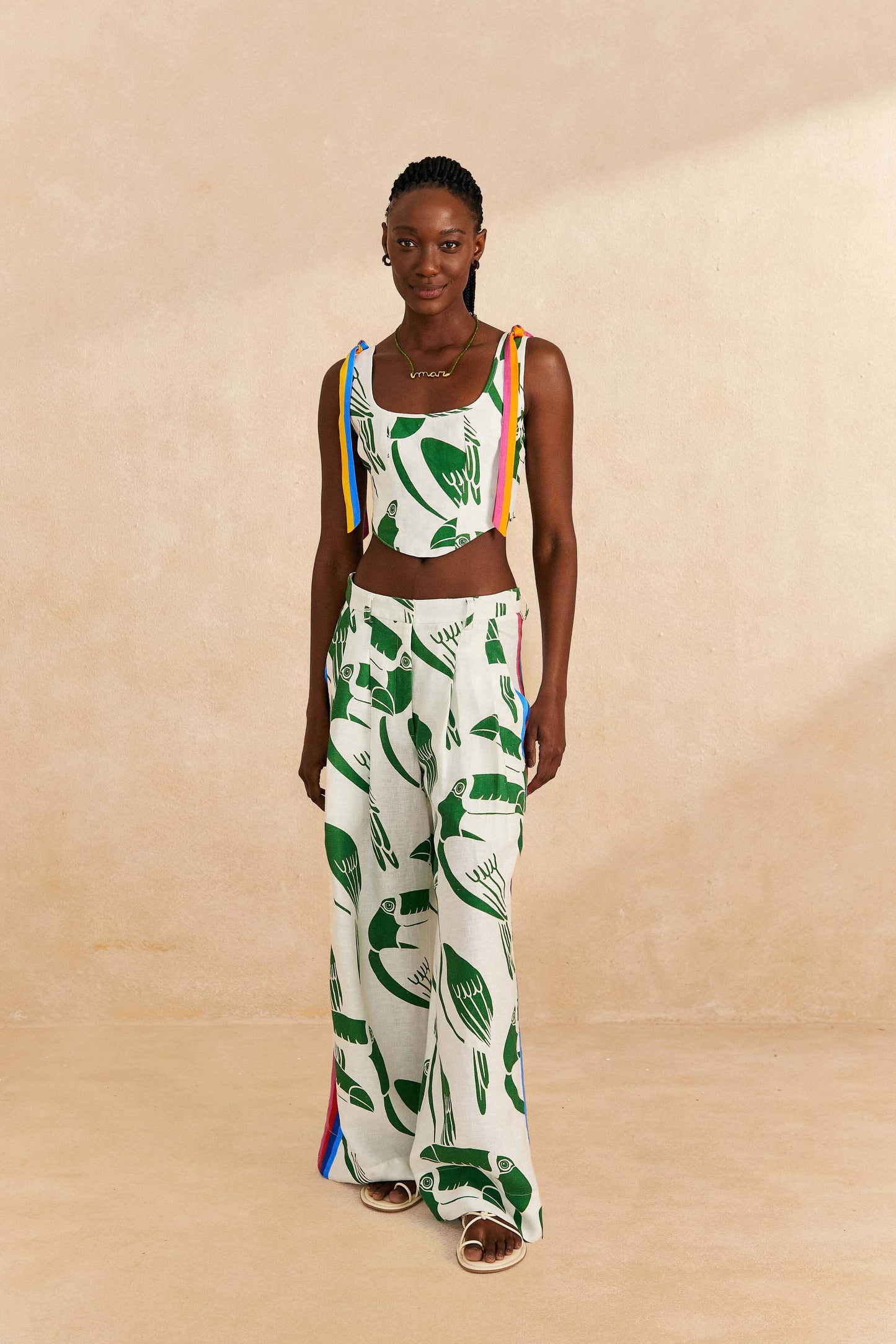 Farm Rio Off-White Rainbow Toucans Crop Top