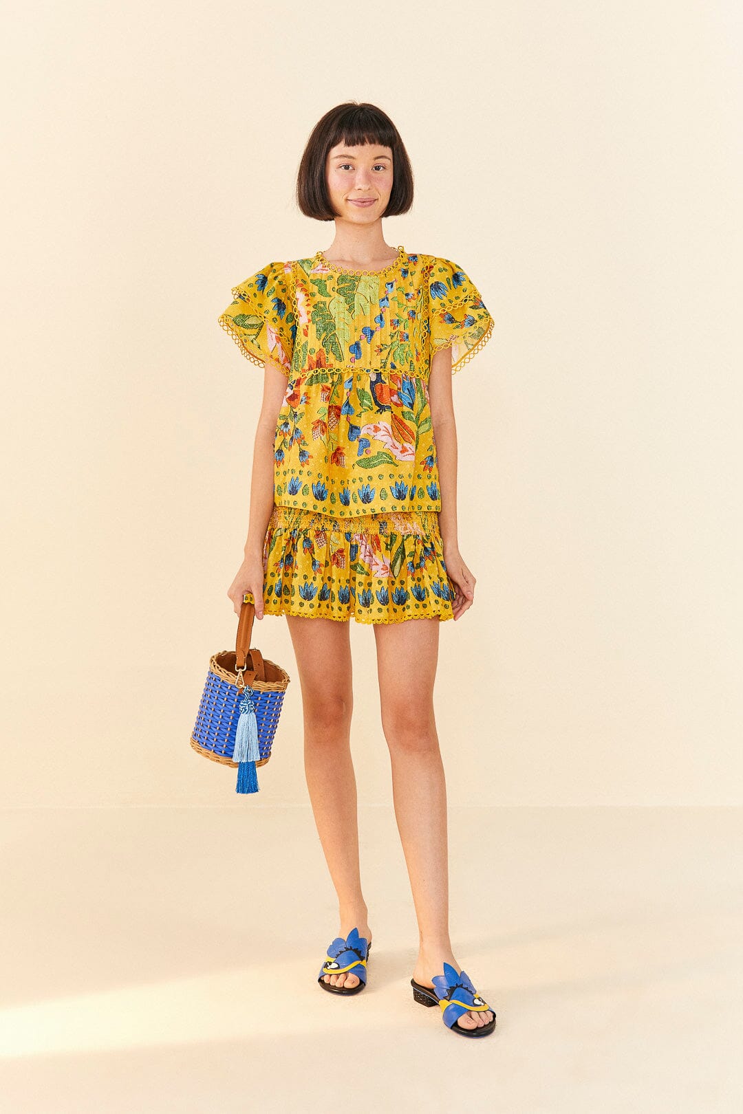 Farm Rio Yellow Summer Garden Mini Skirt